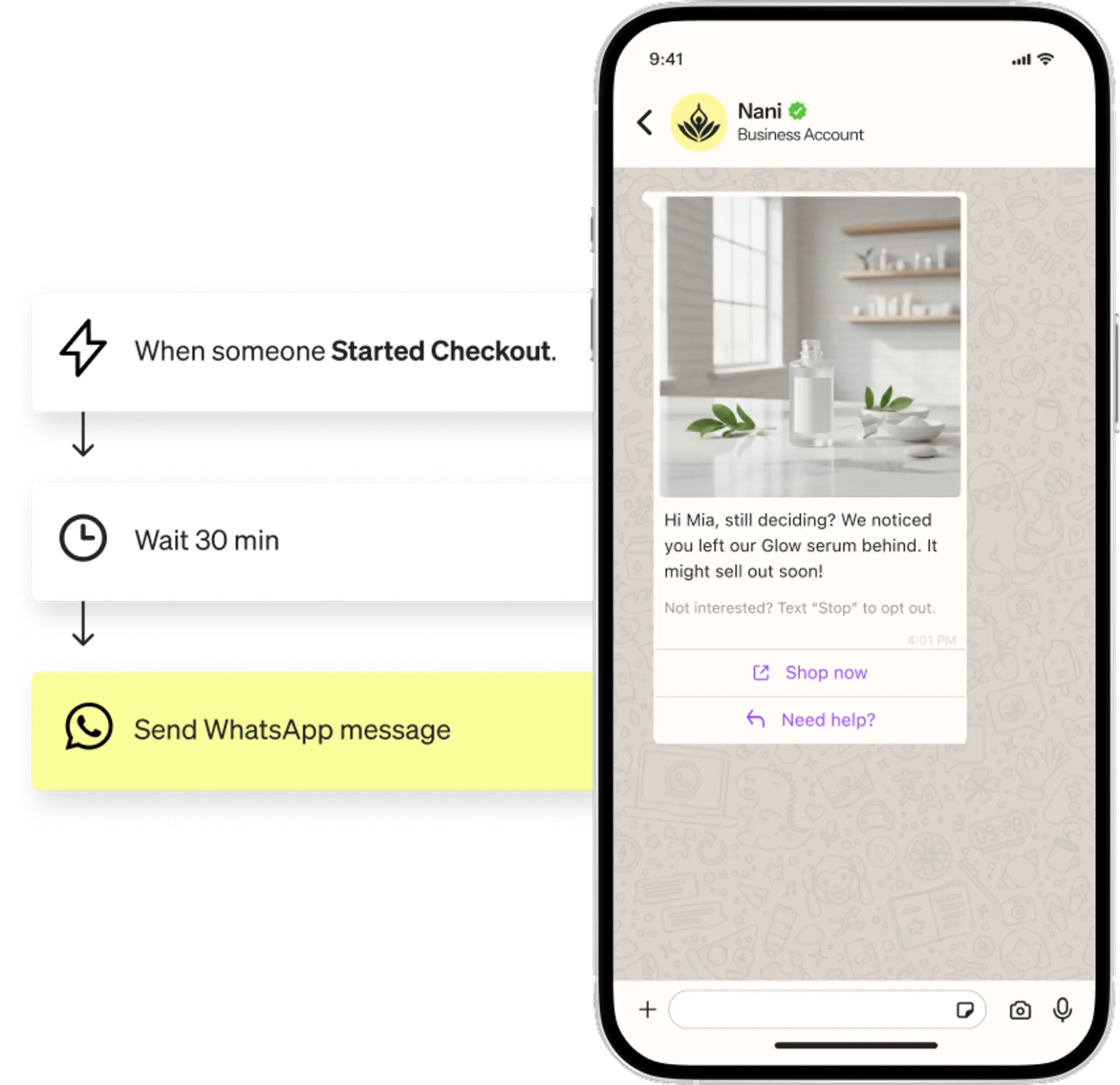 an abandoned cart flow with a WhatsApp cart recovery message