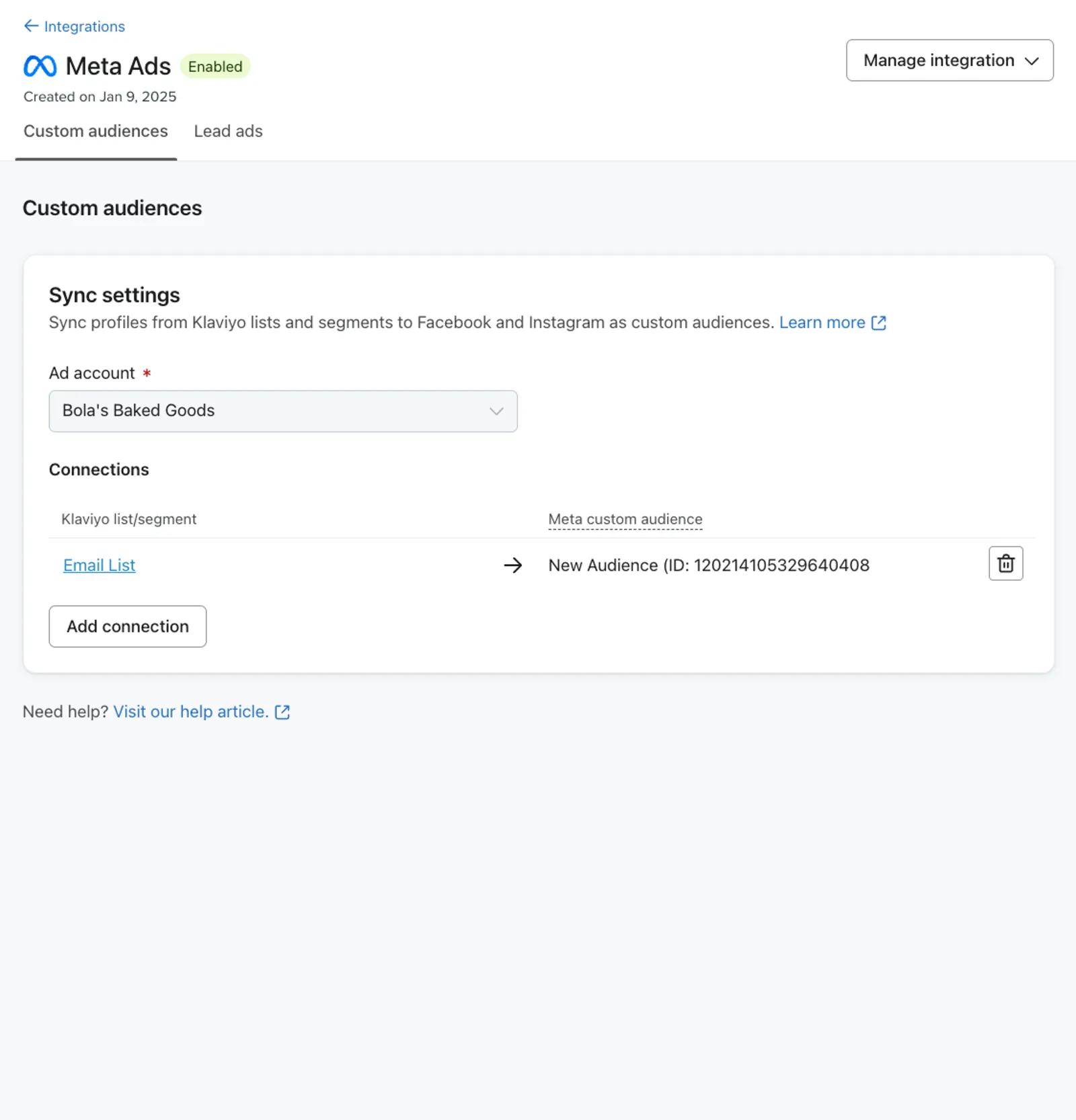Klaviyo settings for enabling your custom audience syncs.