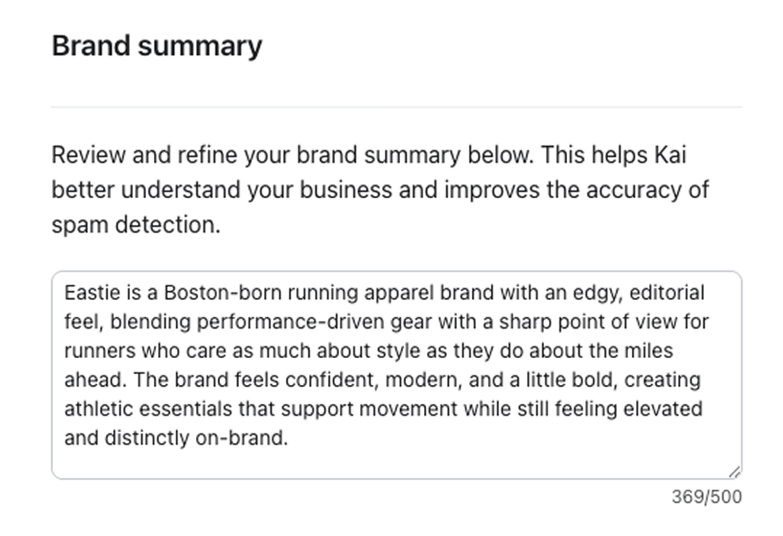 Customer Agent brand summary example from athletic apparel brand Eastie.