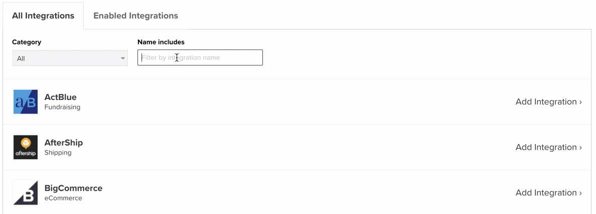 GIF of someone clicking All Integrations, searching for their ecommerce platform, and then selecting Add Integration