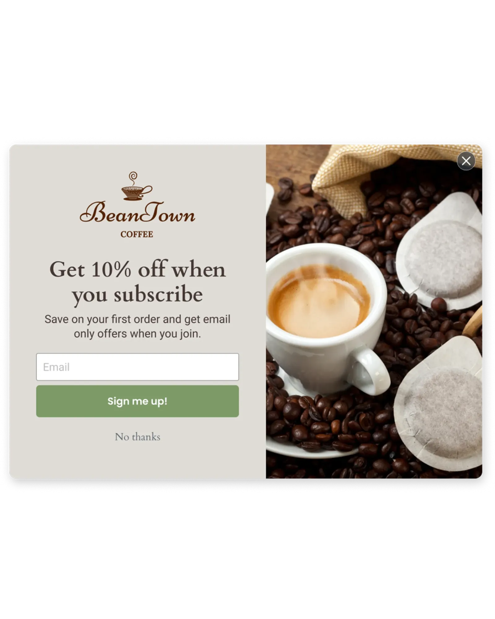 Beantown sign-up form featuring email field and a side image of coffee pods.
