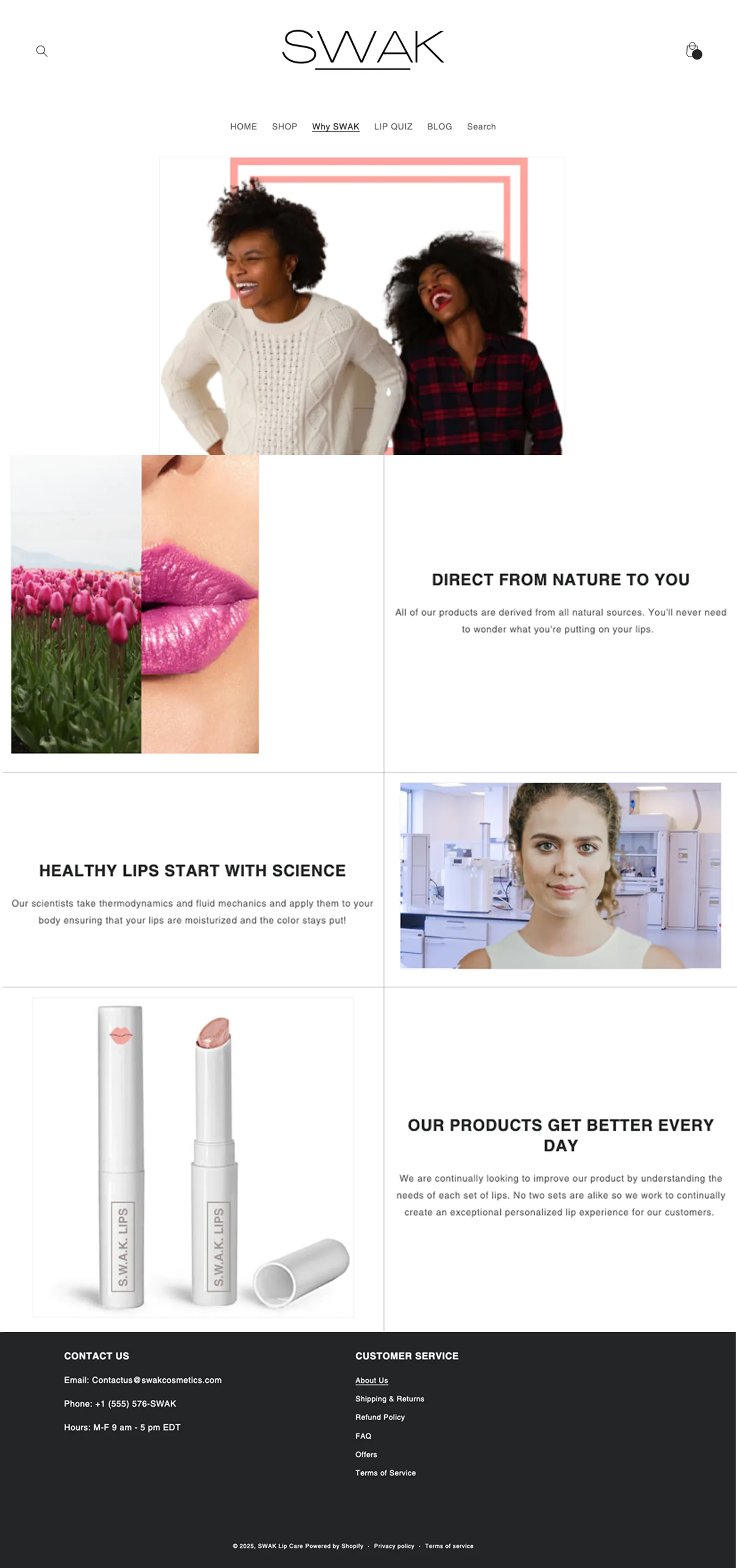SWAK Cosmetics About Us page.