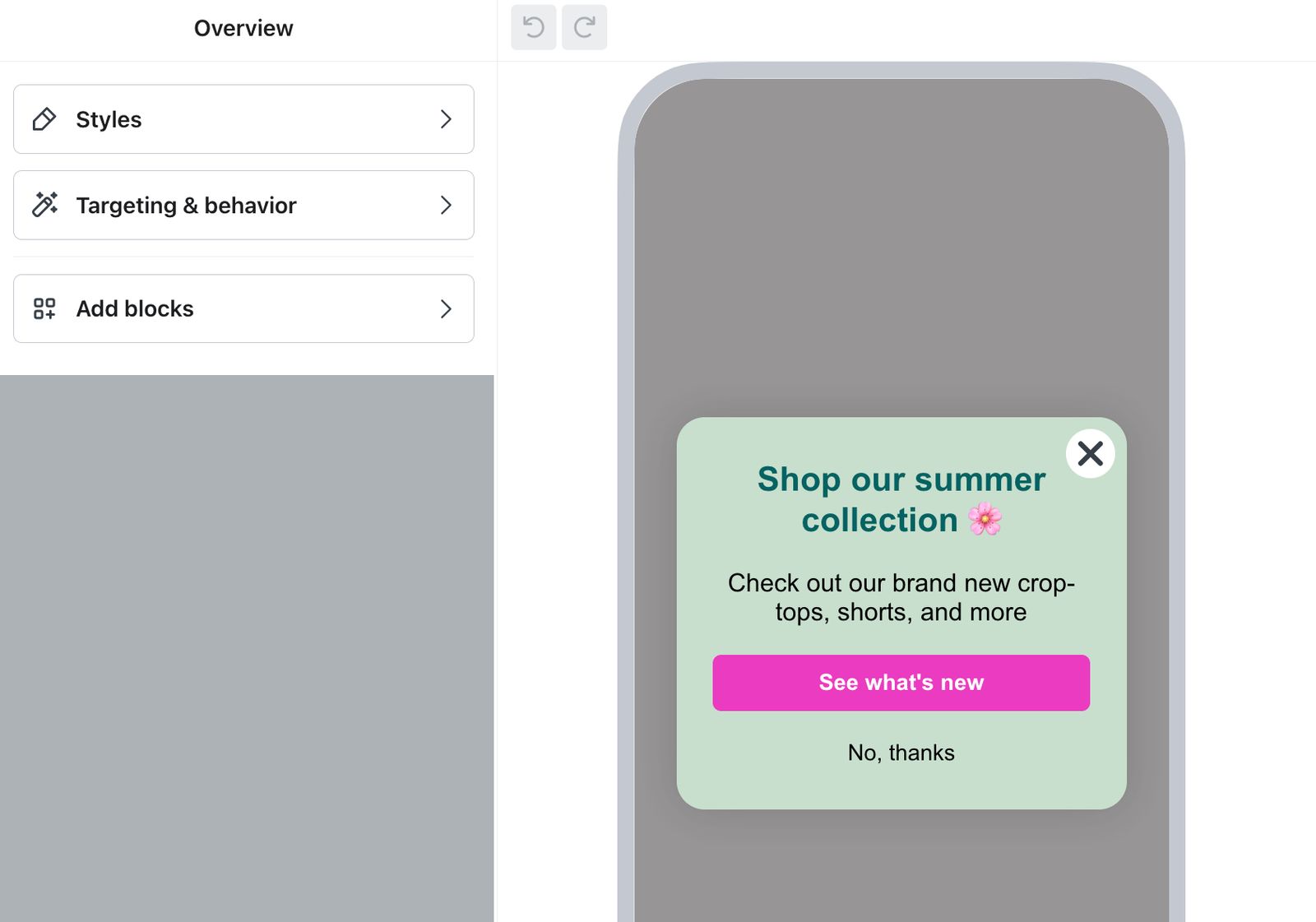 Sample in-app form that drives someone to check out new products on their mobile app.