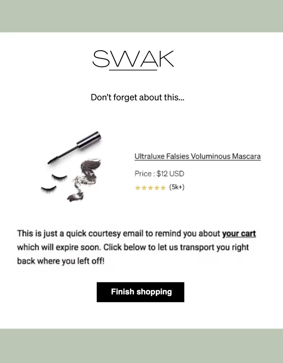 Abandoned cart email, showing mascara that someone started to checkout with but hasn't bought.