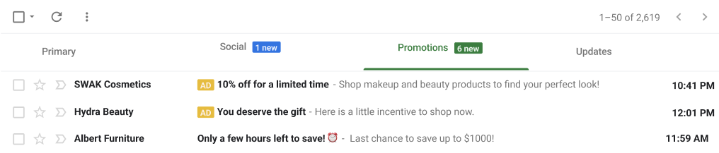 A SWAK Cosmetics ad that appears in the Promotions tab of Gmail