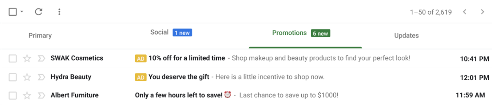 A SWAK Cosmetics ad that appears in the Promotions tab of Gmail