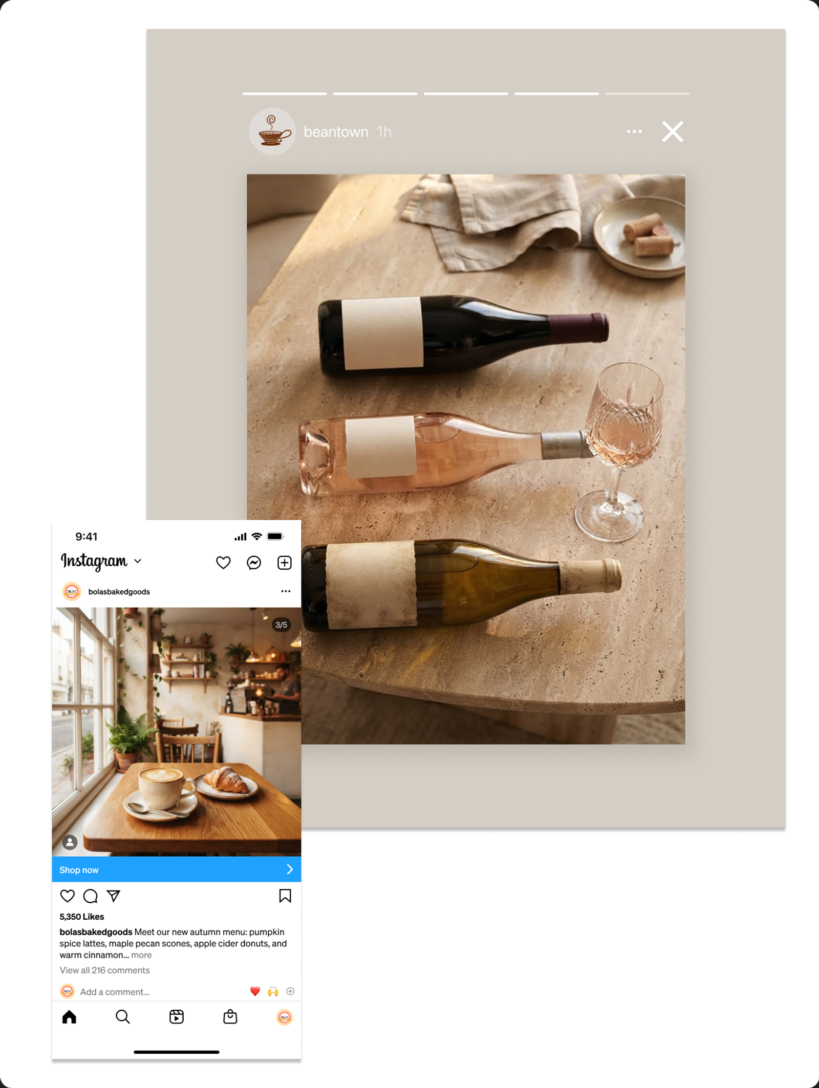 Two Instagram screens: a story with red, rosé, and white wine bottles, and a feed post of coffee and a croissant in a cafe.
