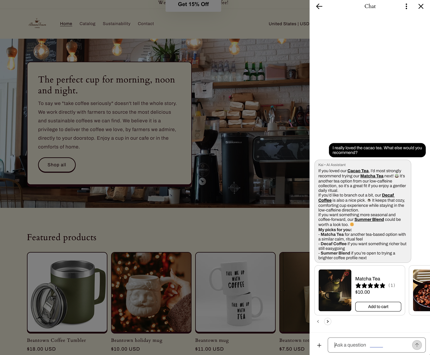 A split image showing a coffee company's website on the left and an AI chat assistant recommending tea and coffee products on the right.