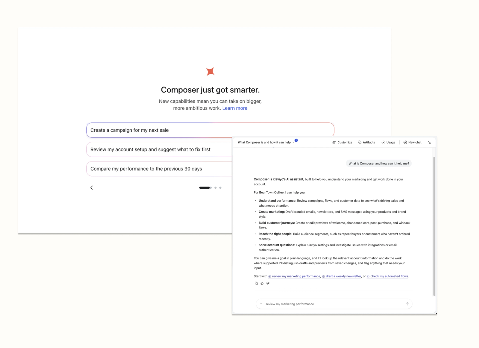 An interface for Composer, an AI marketing assistant, showing suggested marketing tasks and a detailed help window.