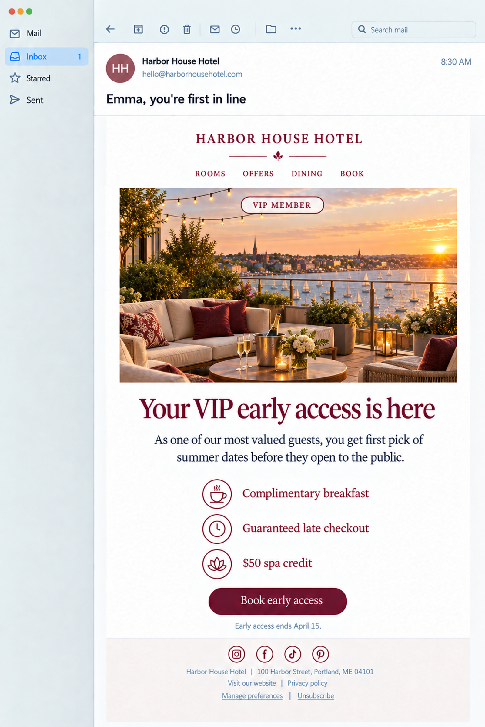An email from Harbor House Hotel offering VIP early access