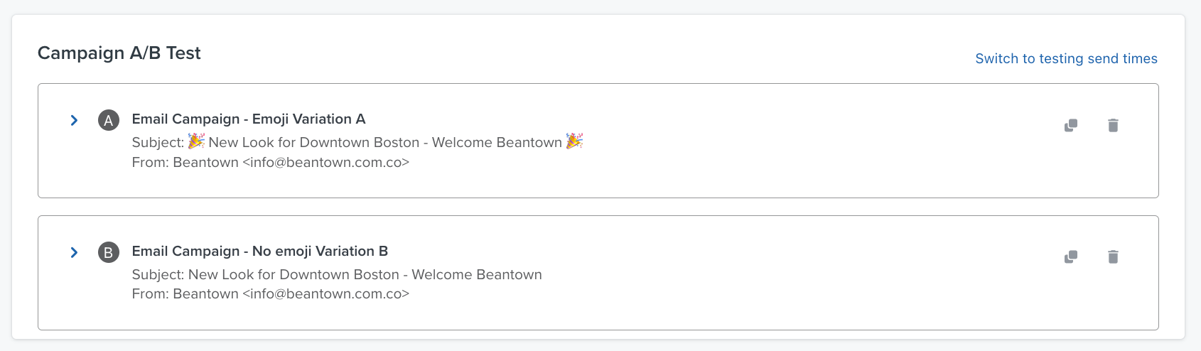 Screenshot of the 2 variations in a test. 