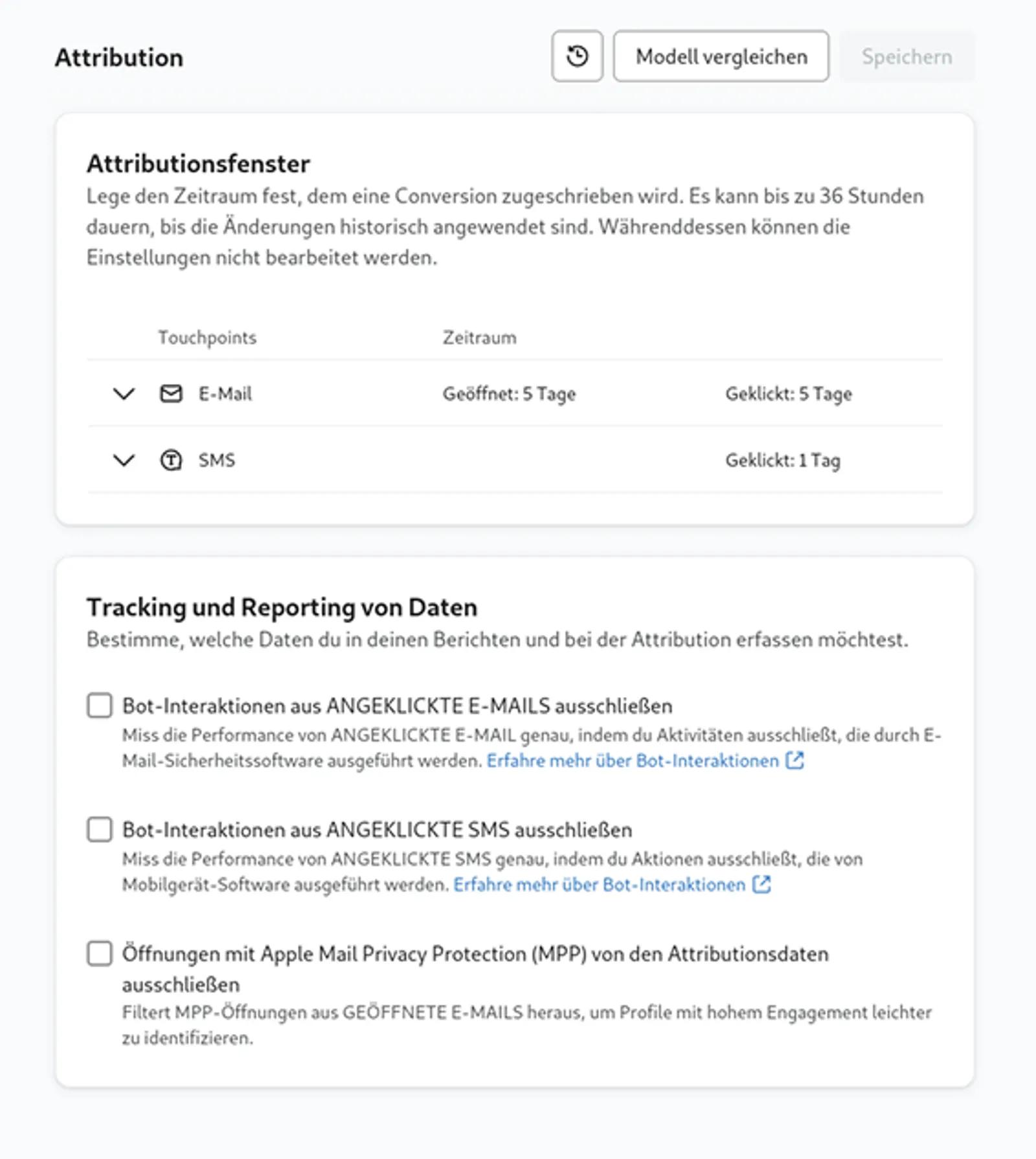 Beispiel für die Attributionseinstellungen eines Kontos