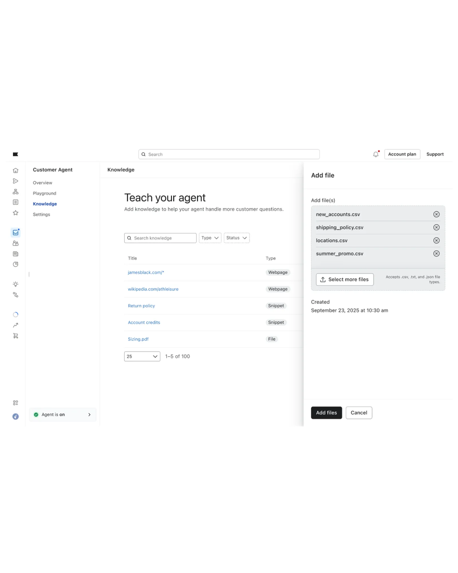 The Knowledge page within the Customer Agent settings