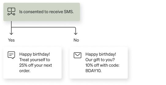 A conditional split that will send a special text to SMS subscribers and an email to email subscribers.