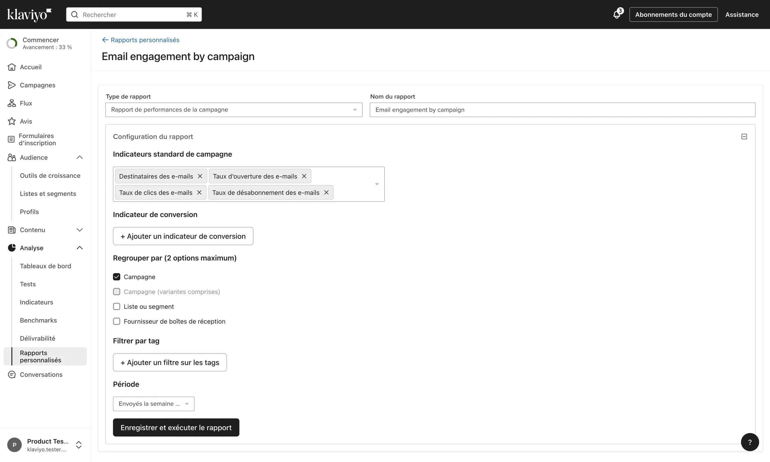 Assistant de création de rapport personnalisé montrant les options de configuration pour un rapport de performance de campagne.