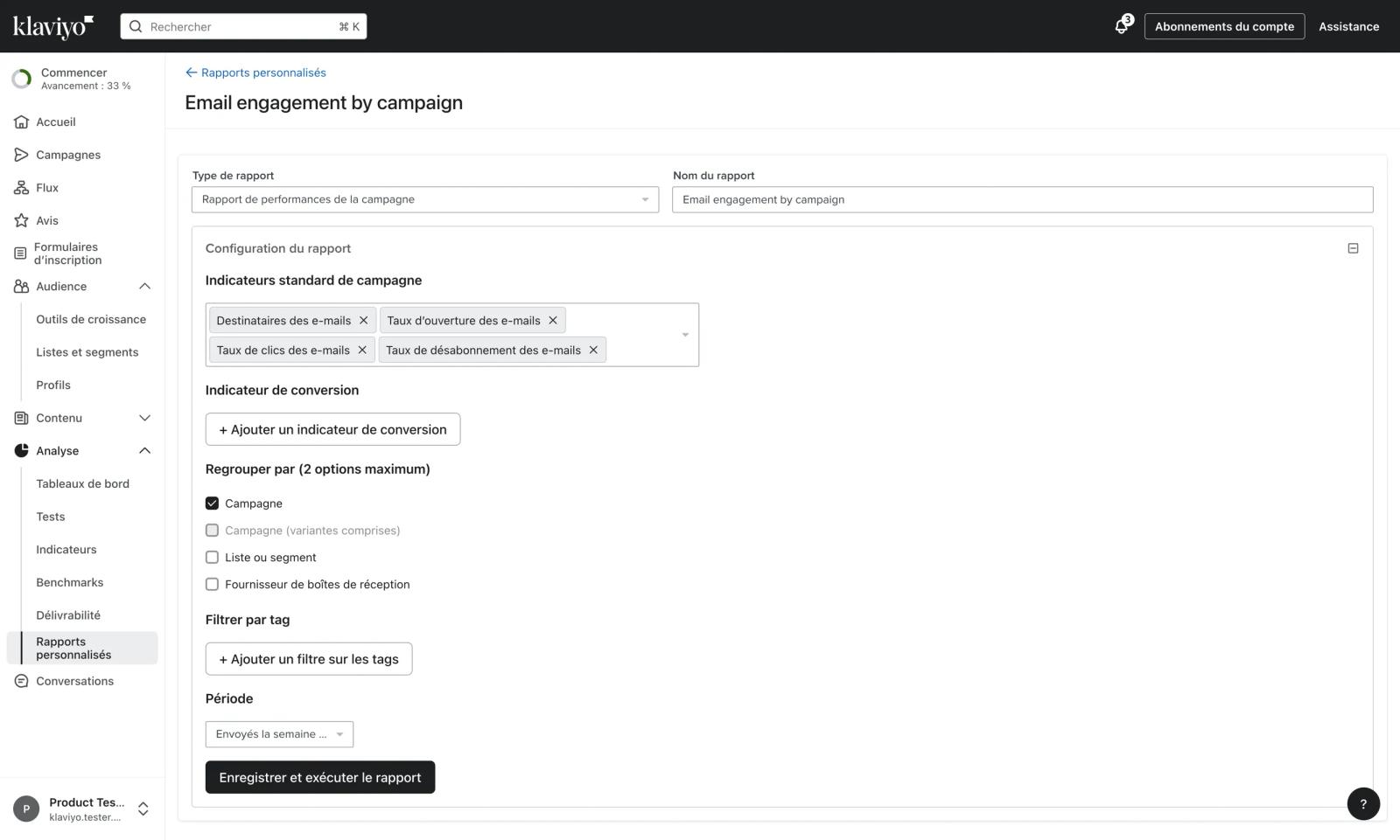 Assistant de création de rapport personnalisé montrant les options de configuration pour un rapport de performance de campagne.