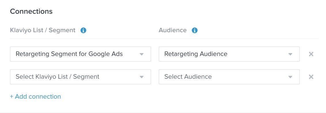 A zoomed in view of the Google Ads Audience settings within Klaviyo where you can add new segments to sync as Google audiences.