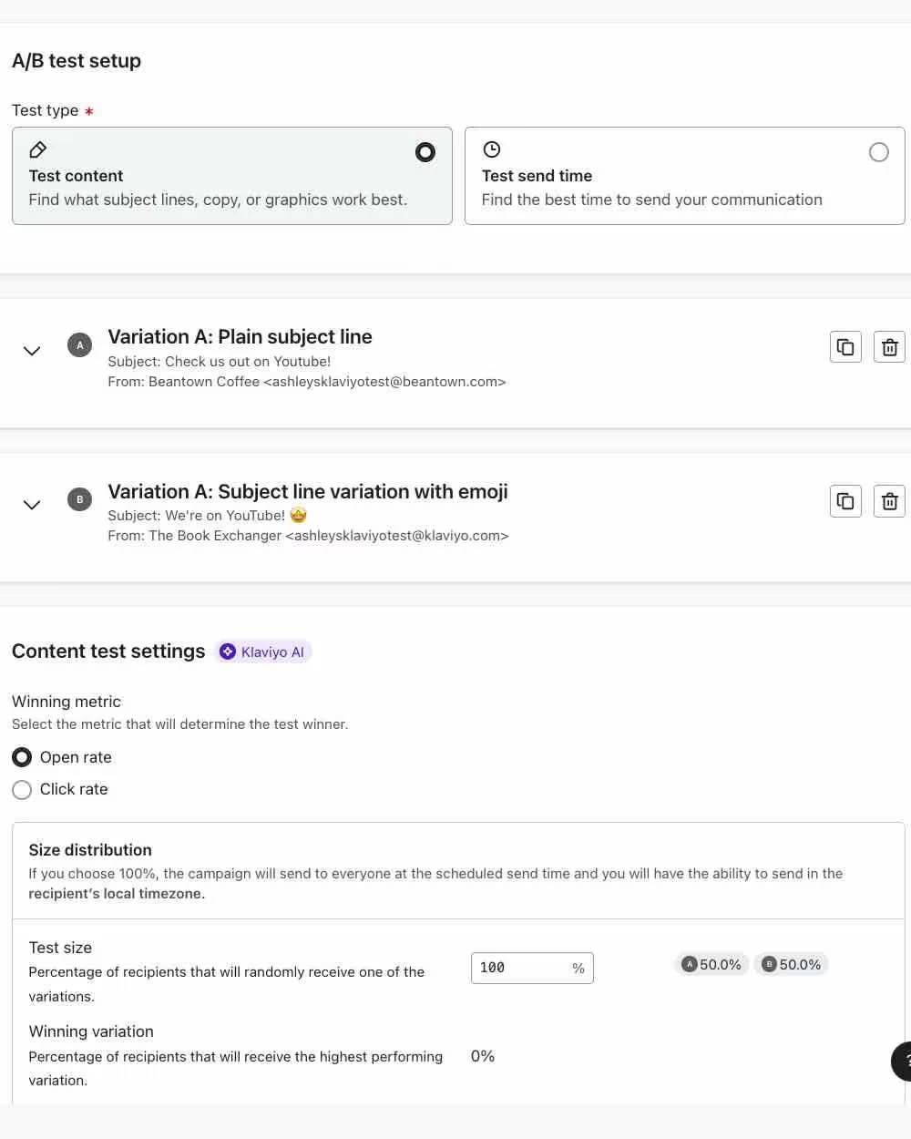 An example campaign email being tested with 2 variations.