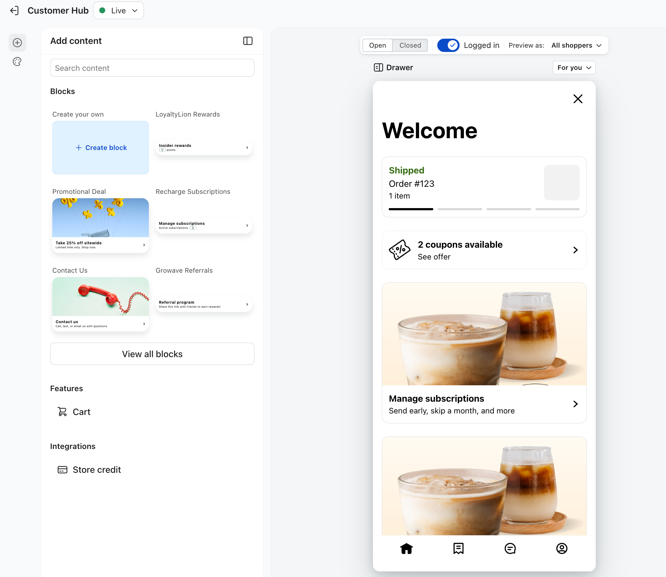 A customer hub content editor with customizable blocks on the left and a mobile preview on the right showing order details, coupons, and subscription content.