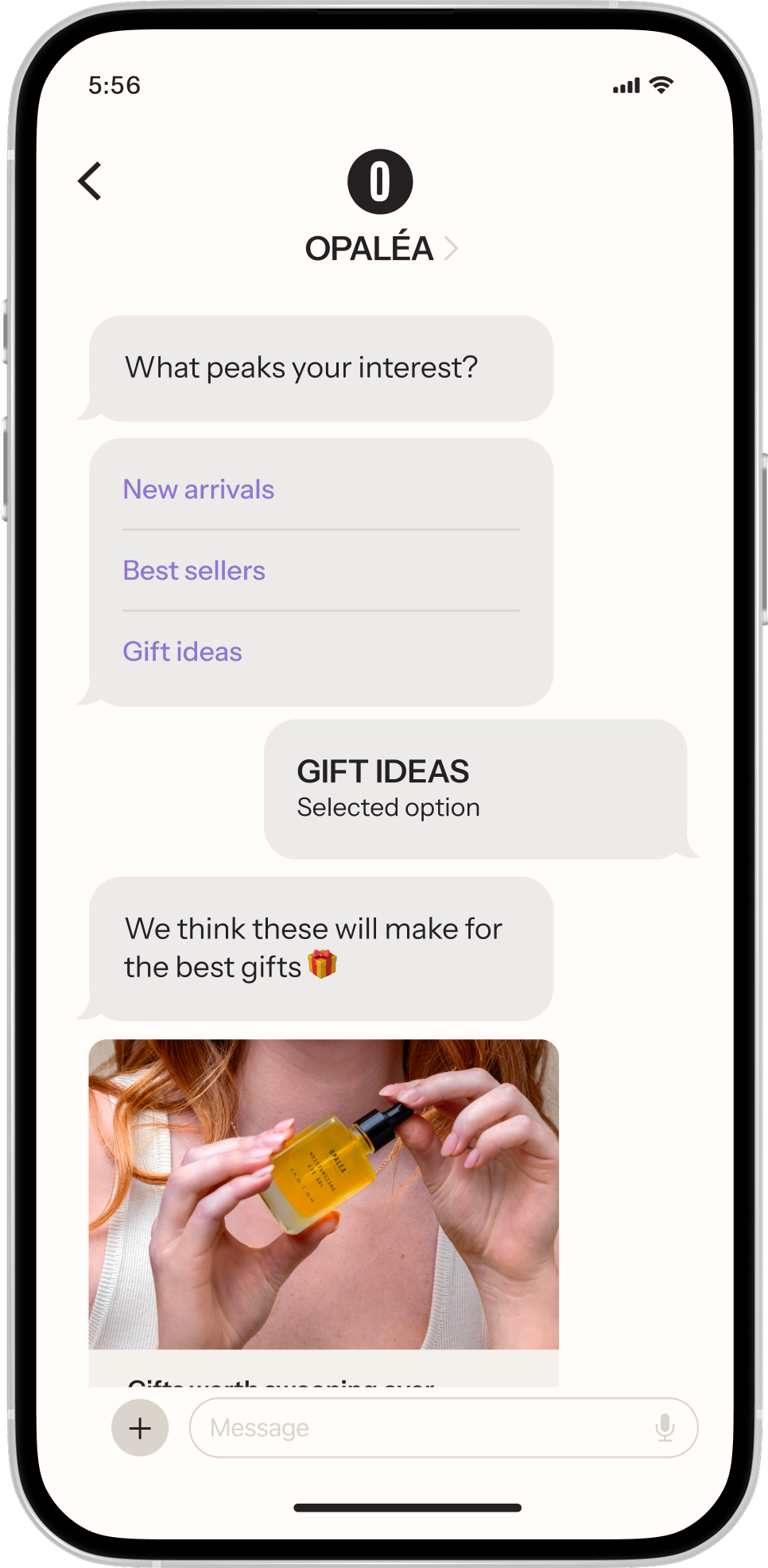 Smartphone screen showing an RCS conversation with "OPALÉA". The user selected "Gift ideas", and the chat suggests "these will make for the best gifts", followed by an image of hands holding a bottle of "OPALÉA MOISTURIZING DRY OIL".