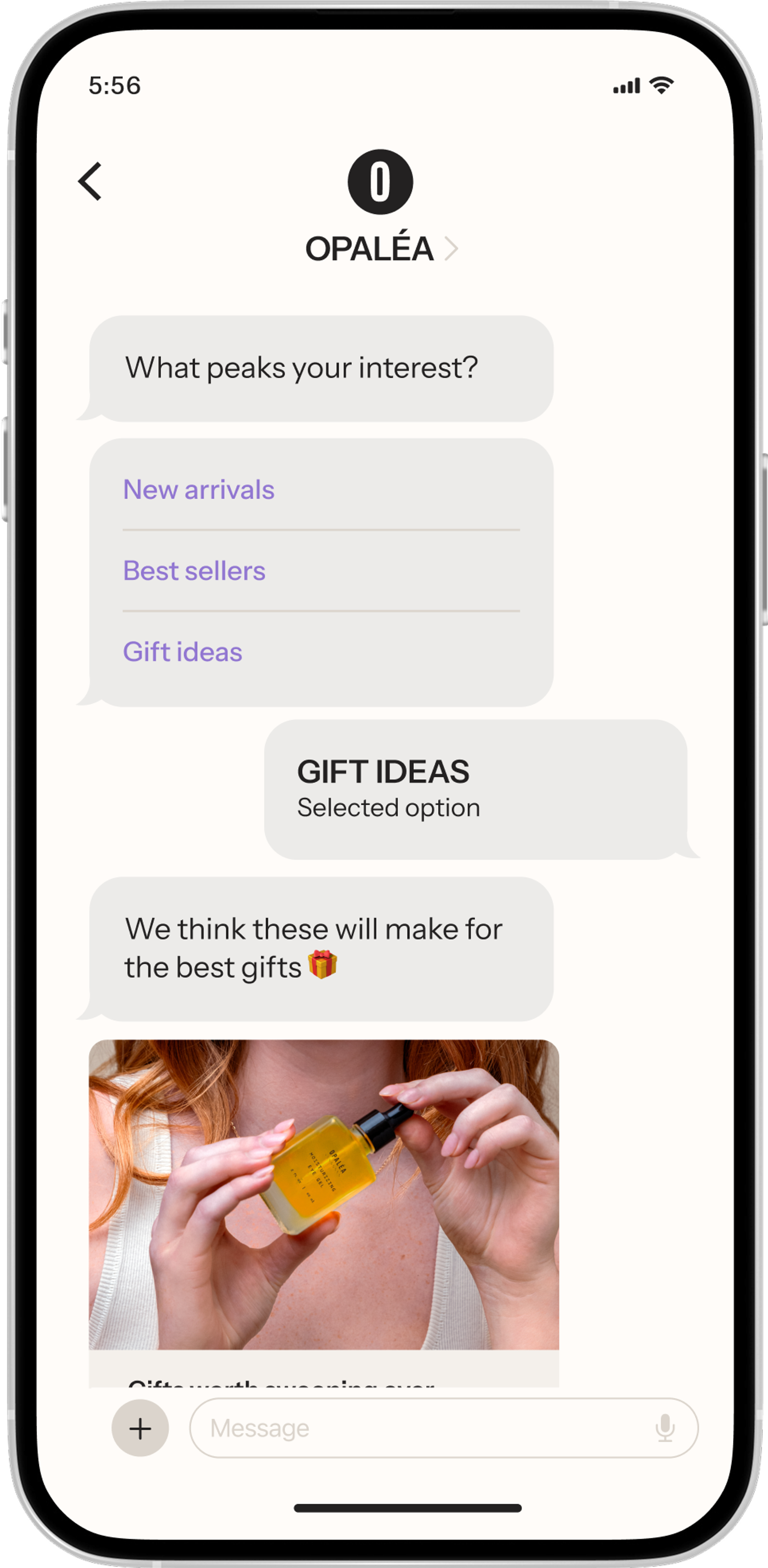 Smartphone screen showing an RCS conversation with "OPALÉA". The user selected "Gift ideas", and the chat suggests "these will make for the best gifts", followed by an image of hands holding a bottle of "OPALÉA MOISTURIZING DRY OIL".