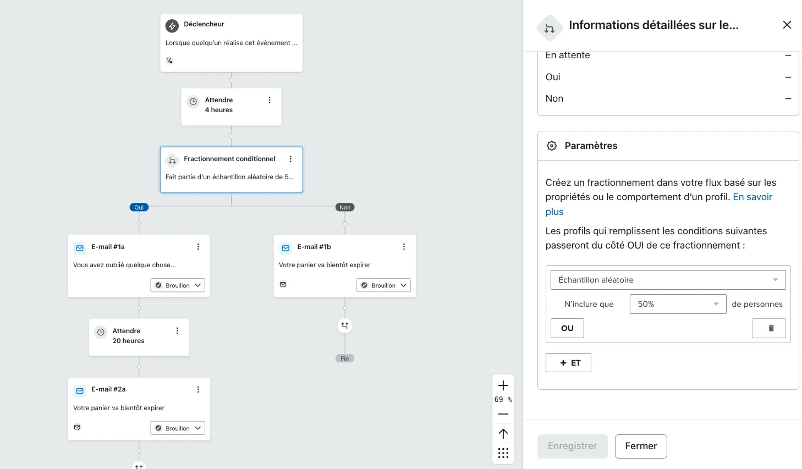  Fractionnement conditionnel au sein de votre flux qui prend un échantillon aléatoire de 50 % des destinataires dans l'un et l'autre parcours de flux. Ainsi, vous testez quel parcours fonctionne le mieux.