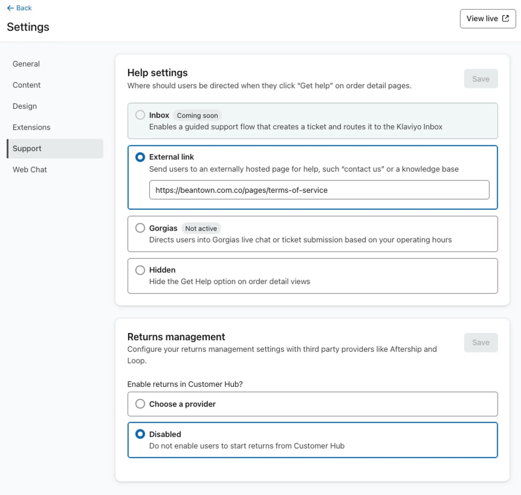The Support configuration options in Klaviyo Customer Hub.