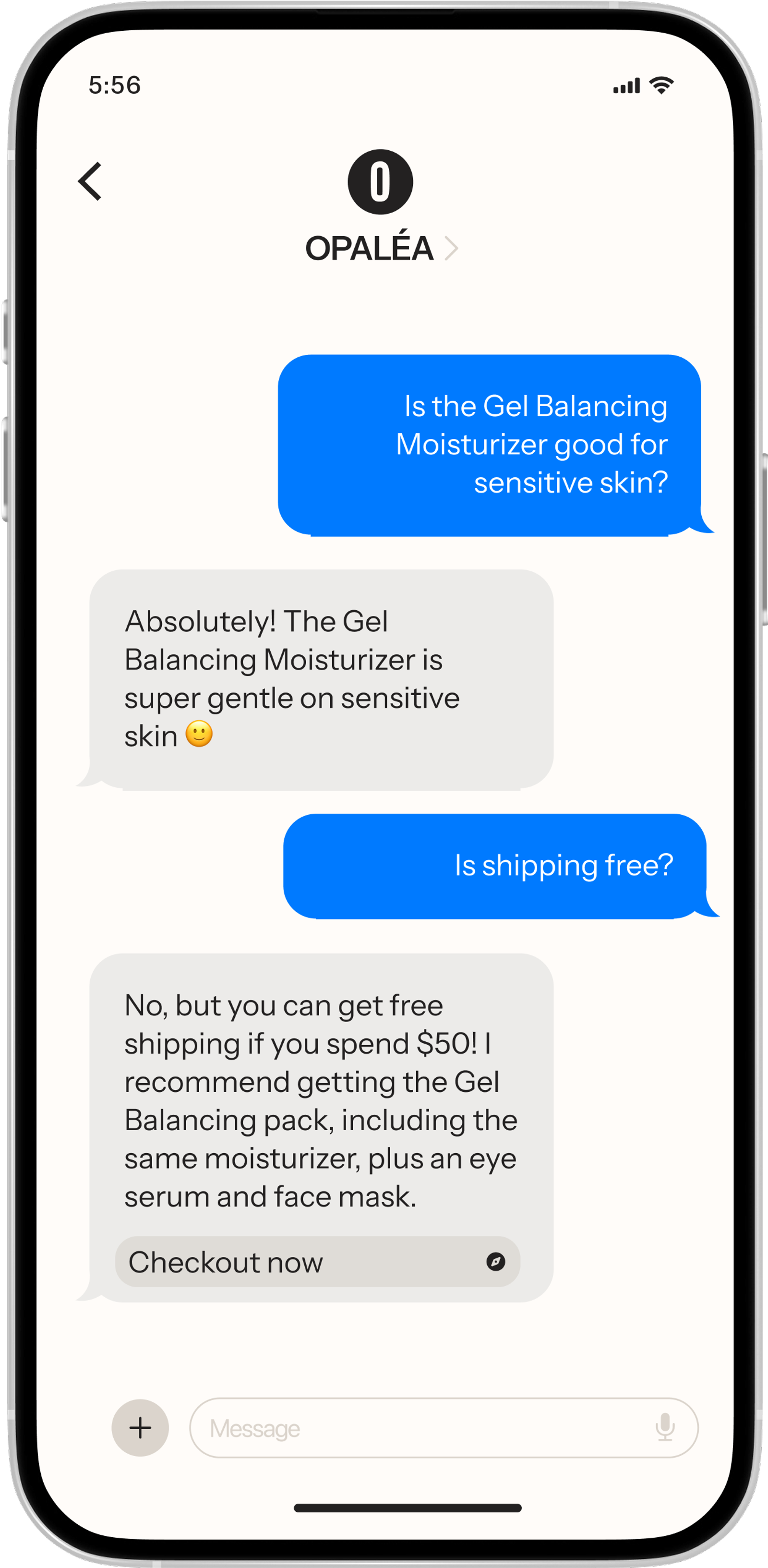 A mobile phone screen displays a Basic RCS conversation with "OPALÉA" discussing a sensitive skin moisturizer and free shipping offers.