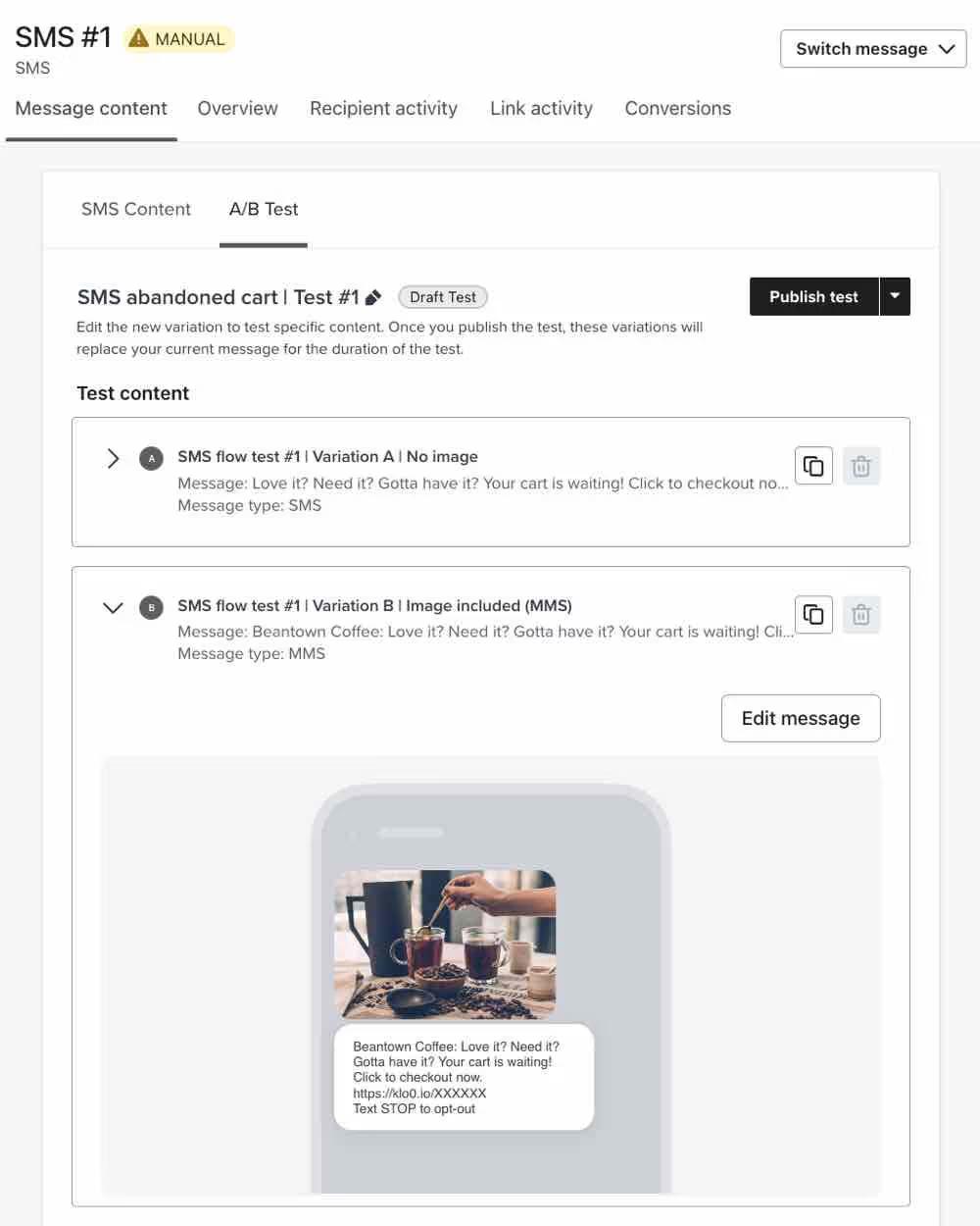 An example SMS being tested within a flow.