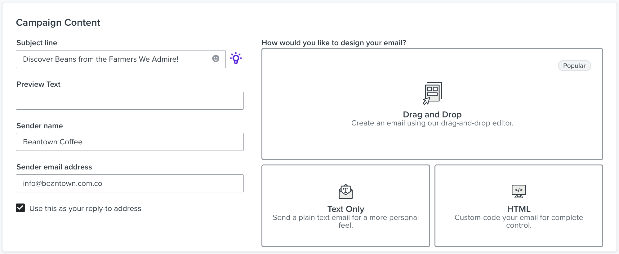 Example of Campaign Content view, where you can add a subject line and select the type of email design you'll build. 
