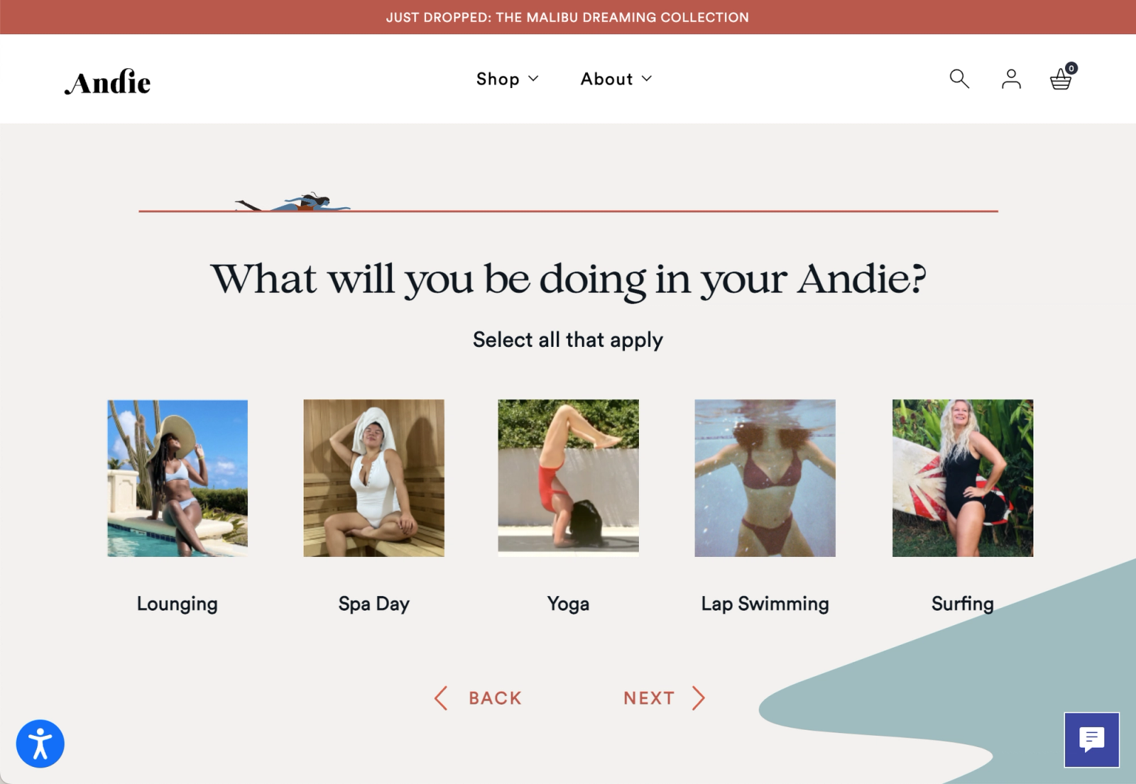 A quiz on the Andie website. The quiz question presented to visitors is: "What will you be doing in your Andie?" Choices are lounging, spa day, yoga, lap swimming, and surfing. 