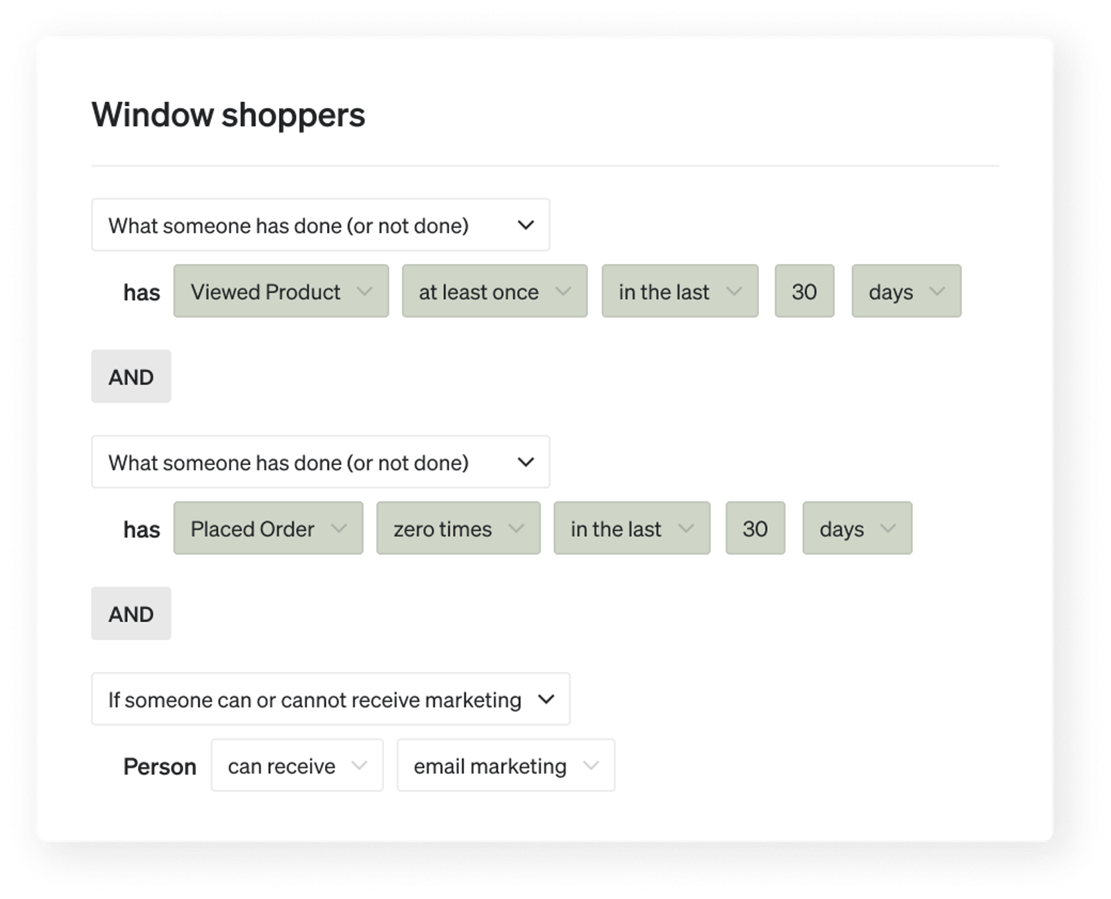 A UI defining "Window shoppers" as users who have viewed a product at least once in 30 days, placed zero orders in 30 days, and can receive email marketing.