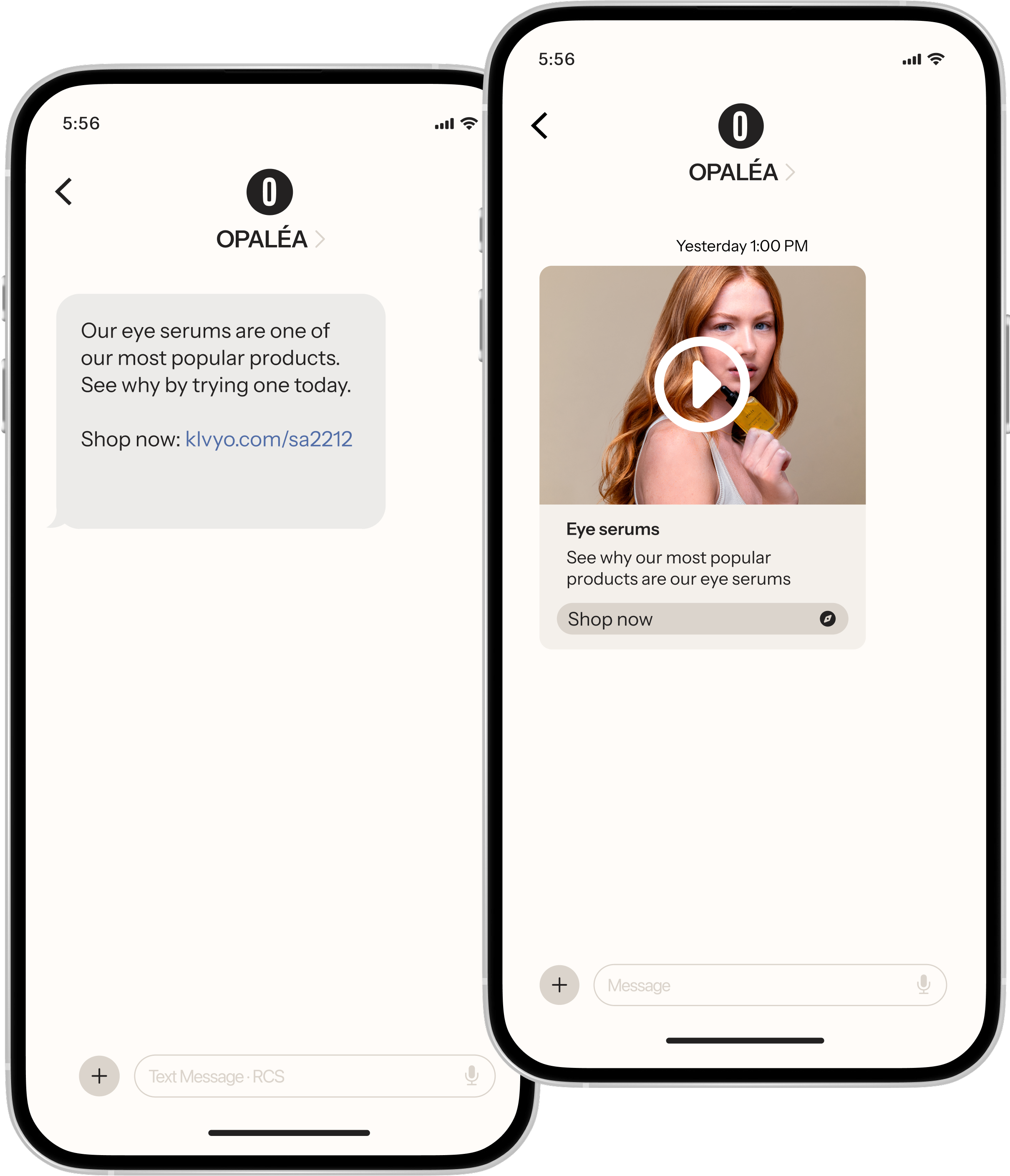 Two smartphones display RCS messages from "OPALÉA": a basic text message on the left, and a rich media message with a video thumbnail and "Shop now" button on the right.