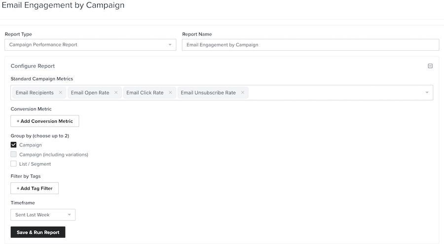 Screenshot of an email report configuration page, showing selected metrics and grouping by campaign.