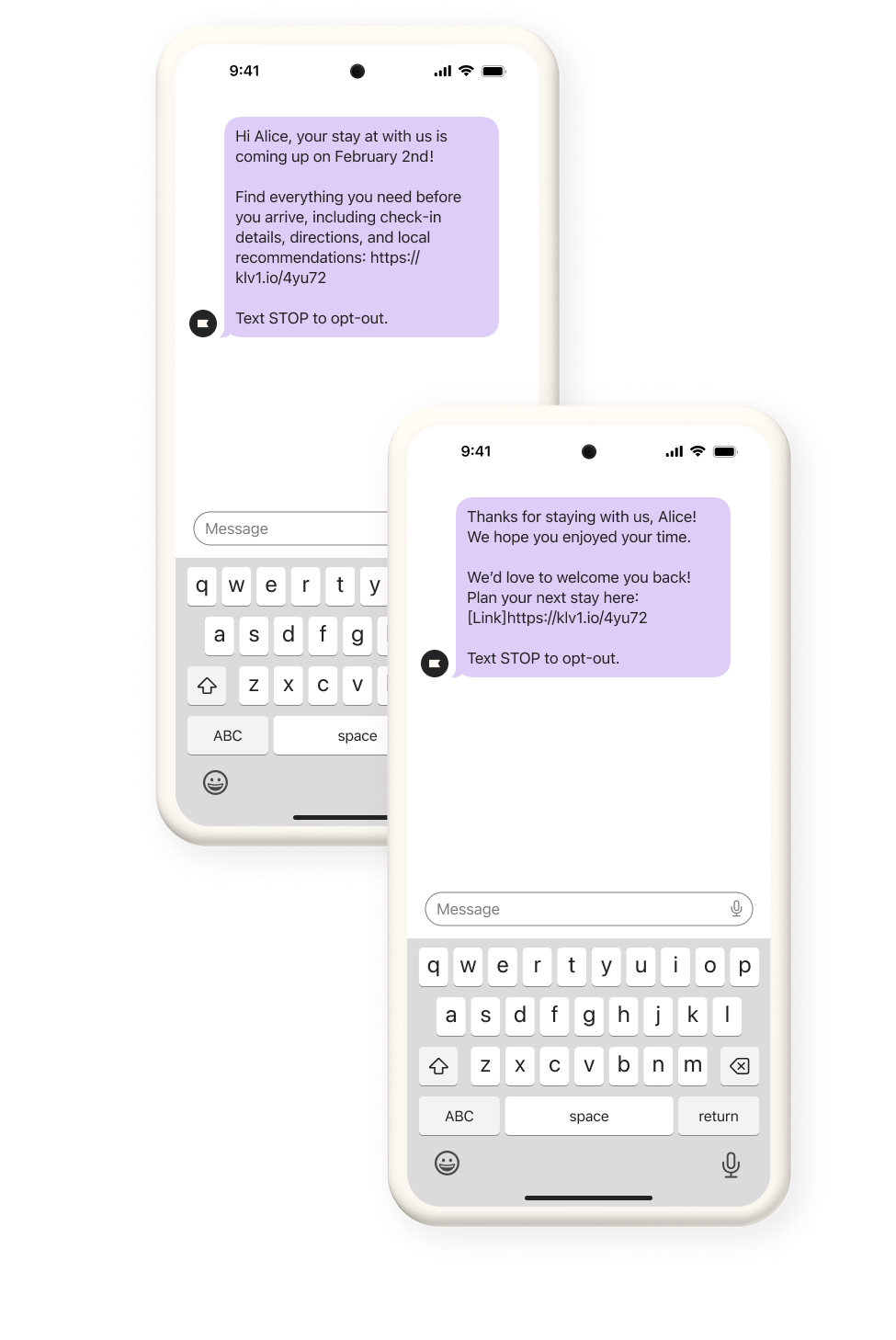 Examples of pre and post-stay text messages from a hotel.