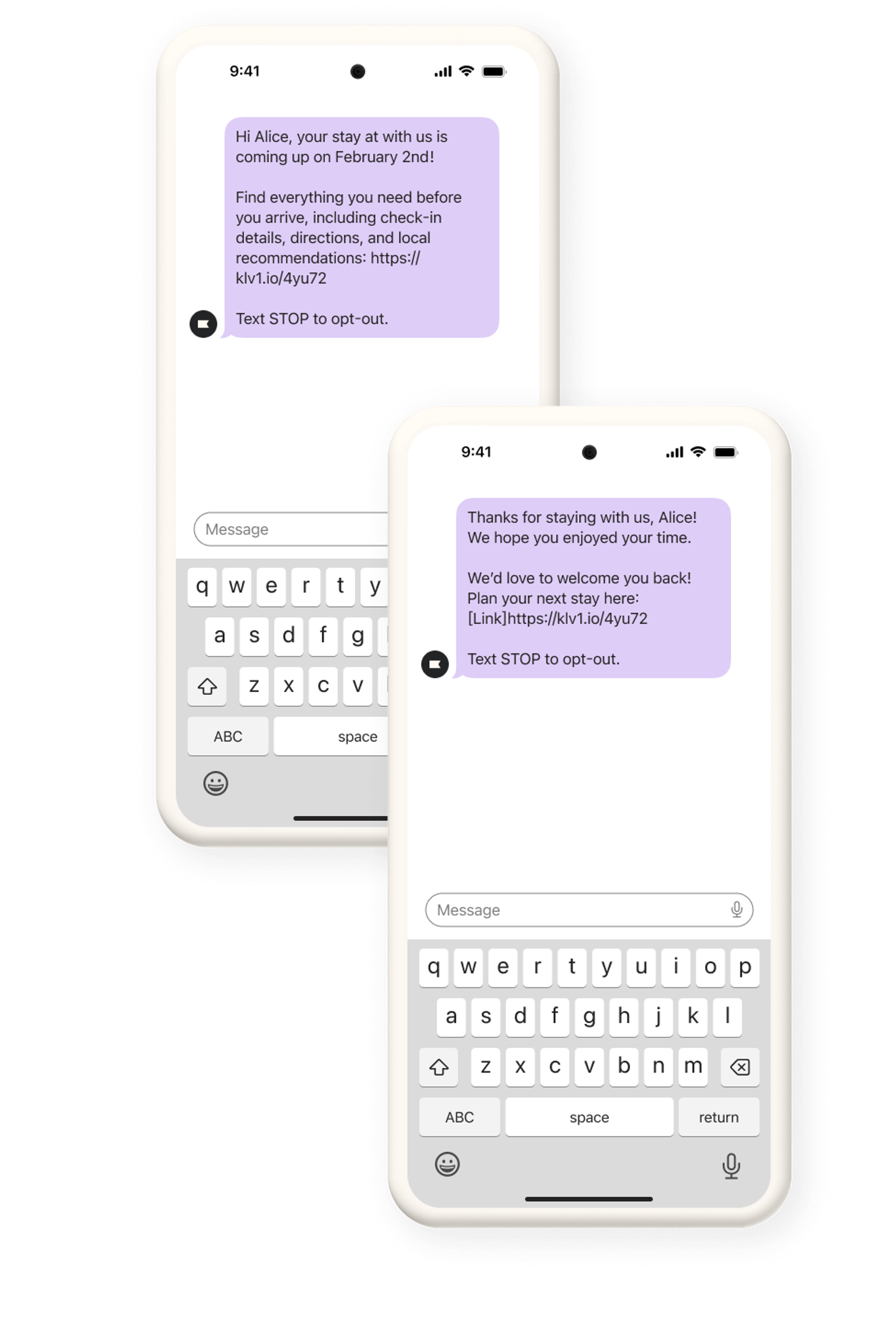 Examples of pre and post-stay text messages from a hotel.