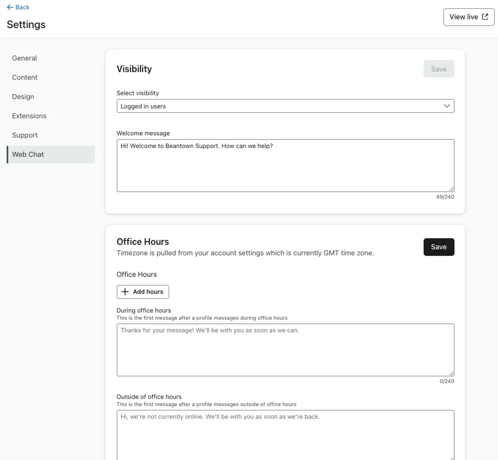 The Web Chat settings page in Klaviyo Customer Hub.