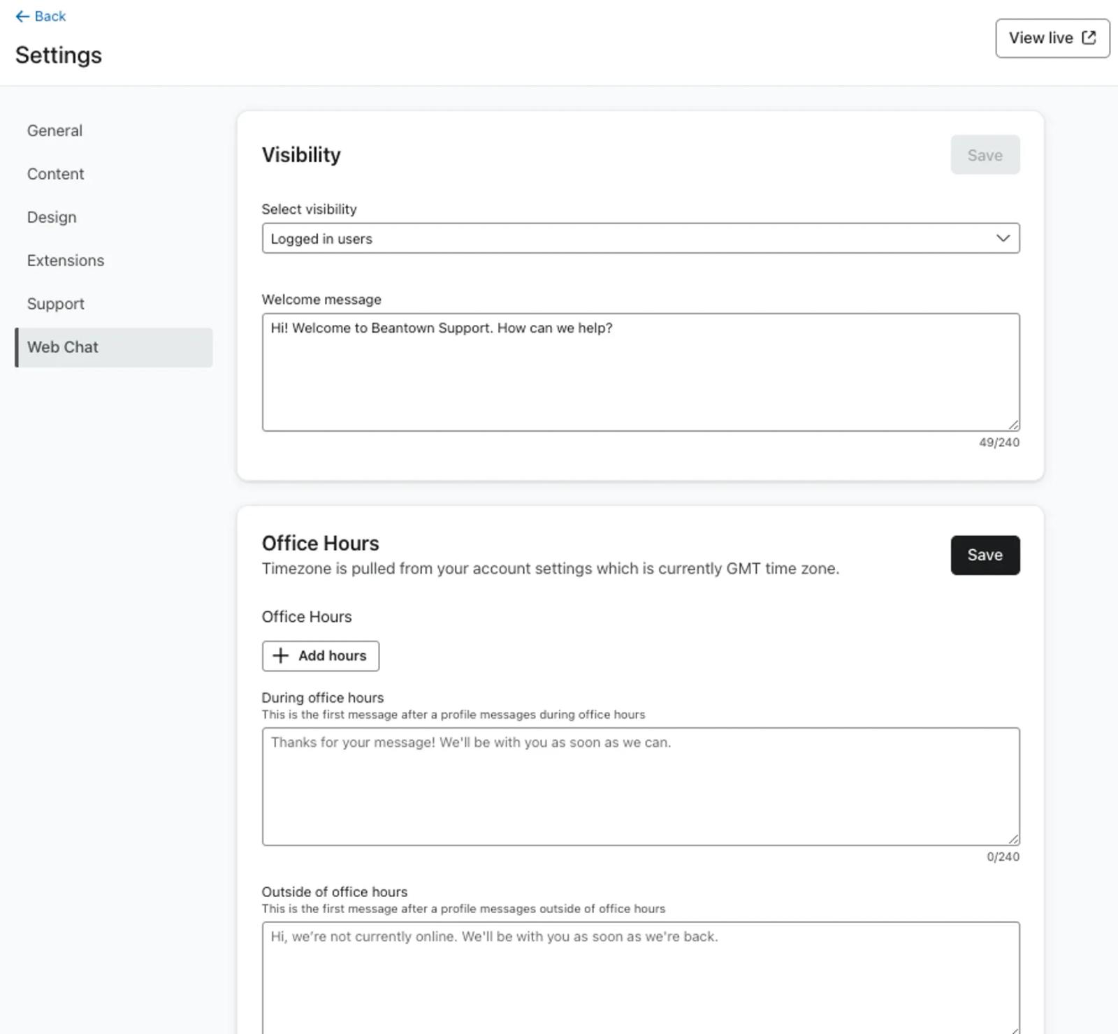 The Web Chat settings page in Klaviyo Customer Hub.