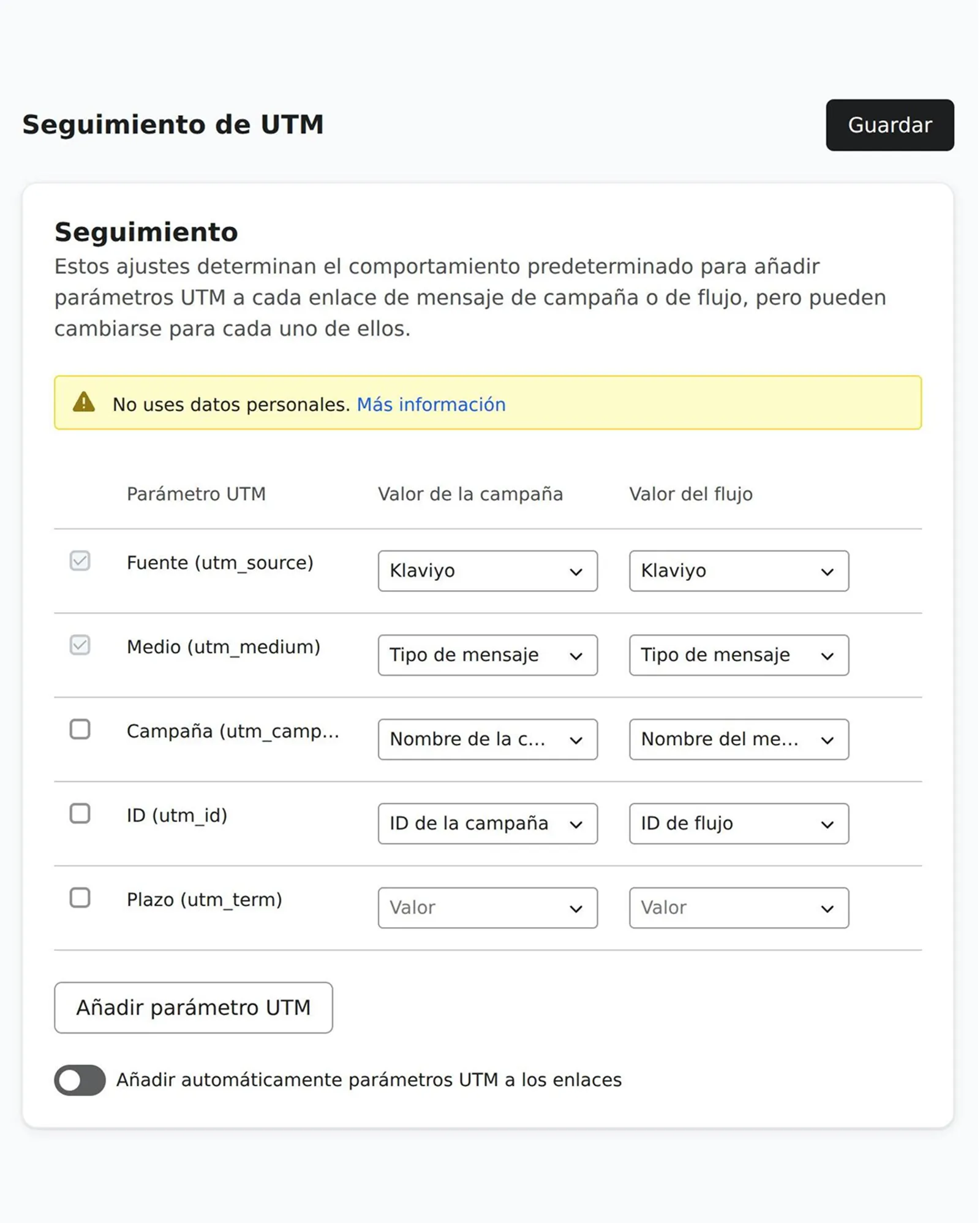 Configuración de seguimiento de UTM en Klaviyo