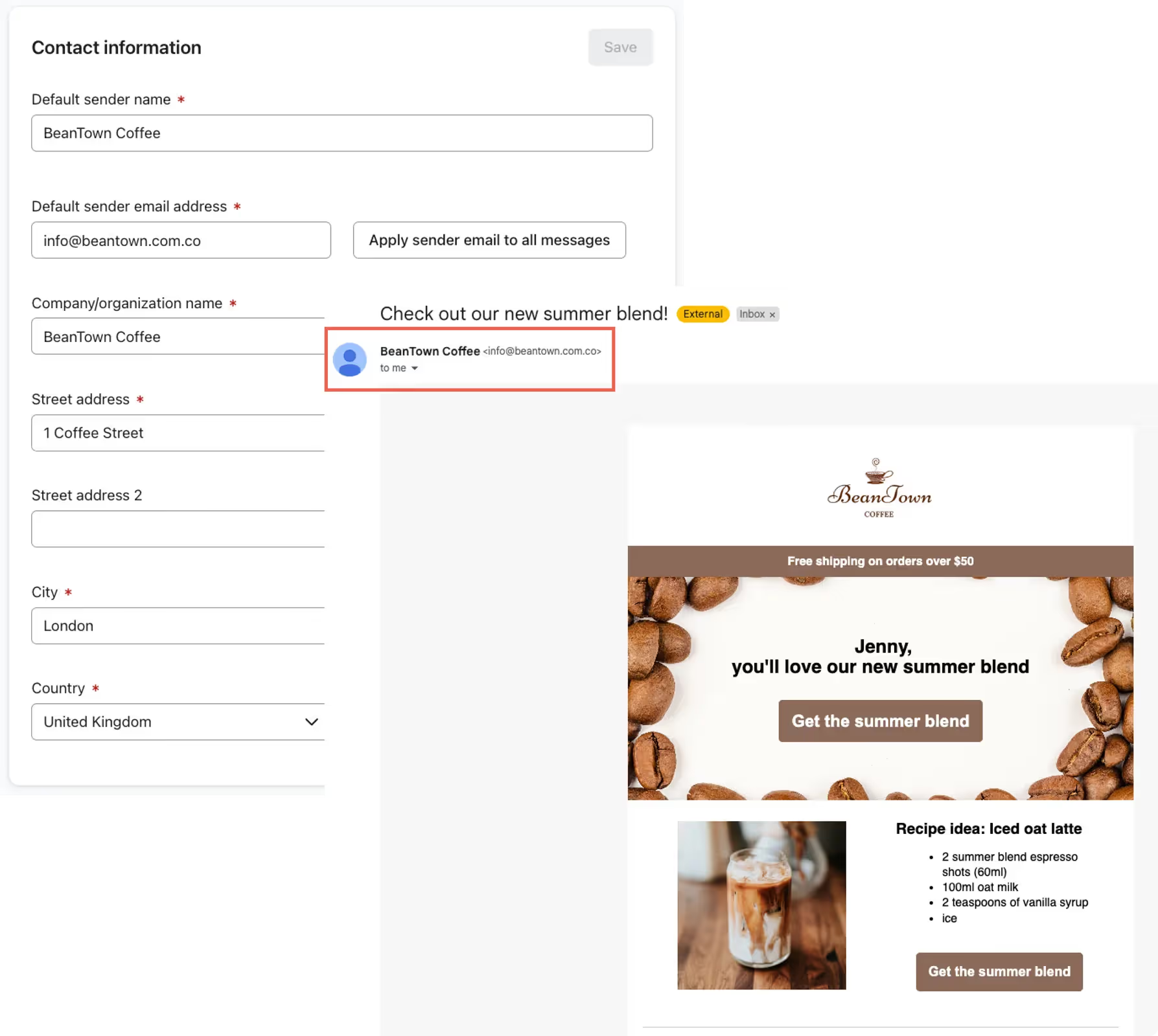 An image of sender information settings in Klaviyo and sender information in an email