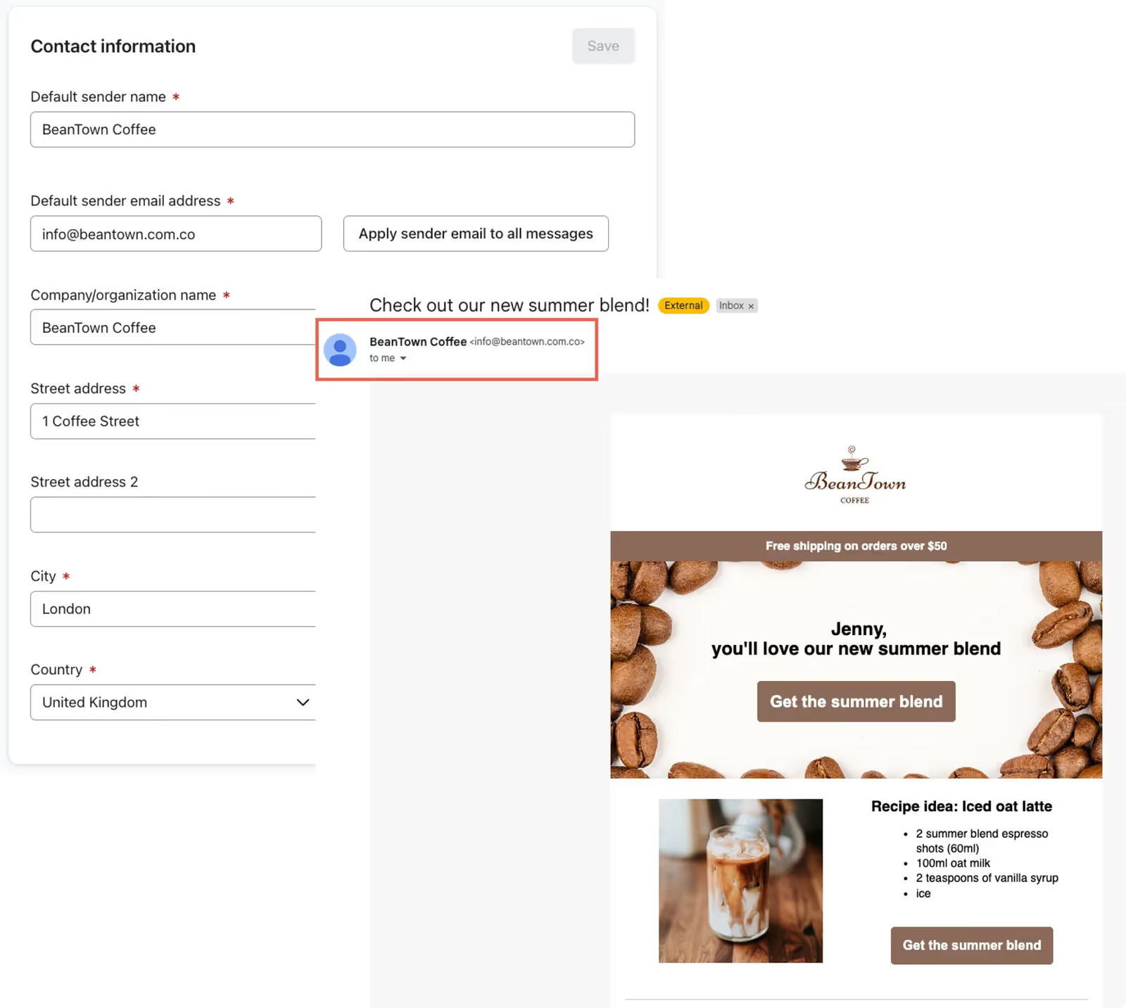An image of sender information settings in Klaviyo and sender information in an email