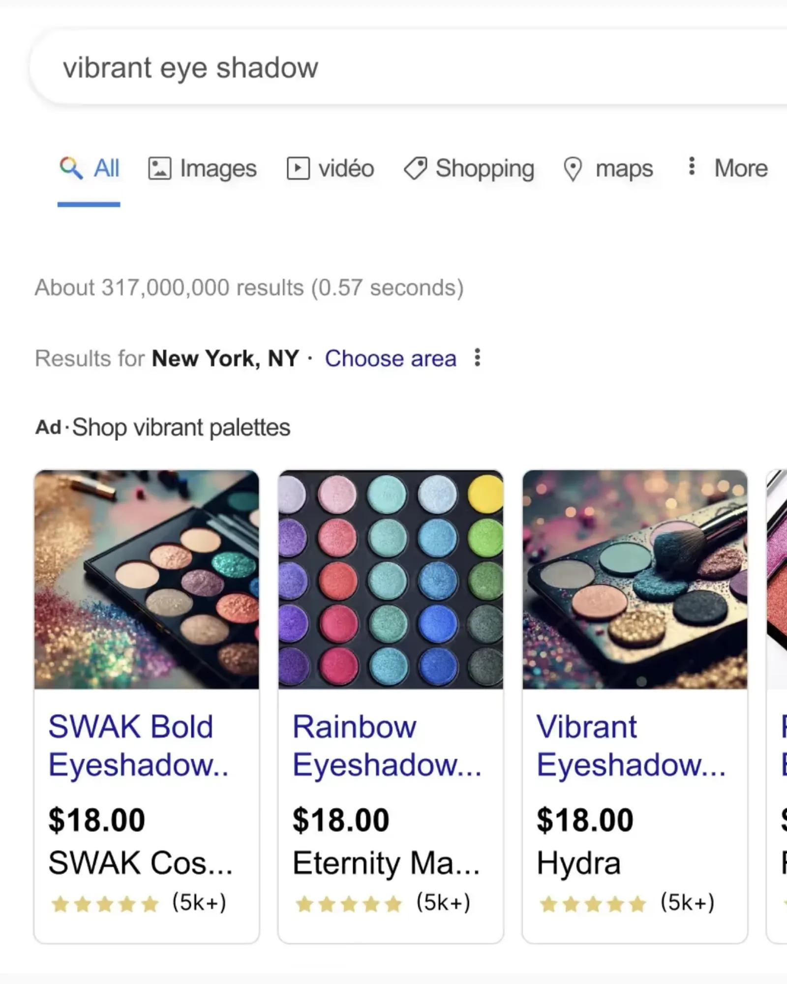 Example of an image and product-based SWAK Cosmetics ad appearing as shopping results in search. 