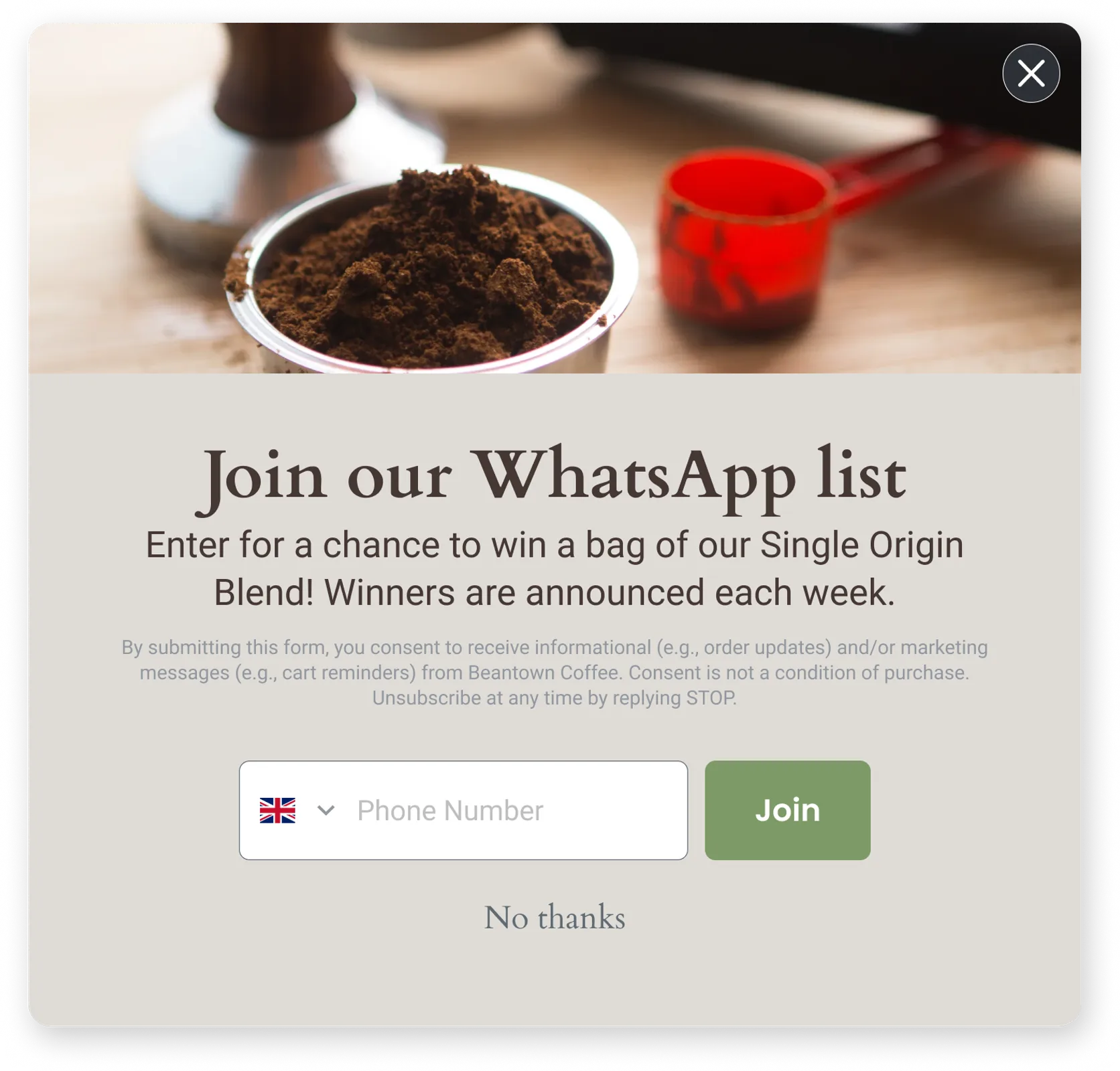 A sign-up form collecting WhatsApp consent