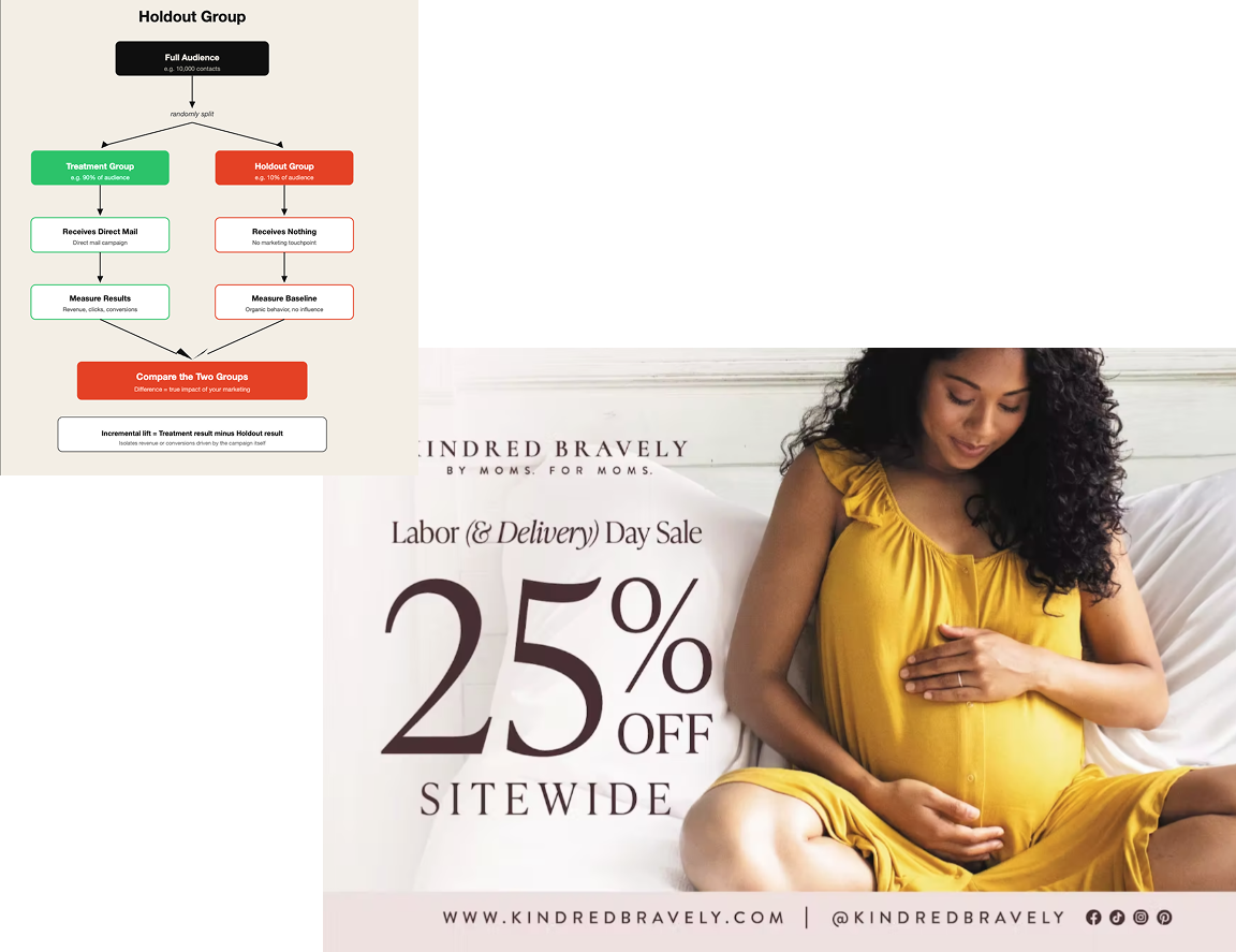 A marketing experiment flowchart and a Kindred Bravely ad featuring a pregnant woman promoting a 25% off Labor & Delivery Day Sale.