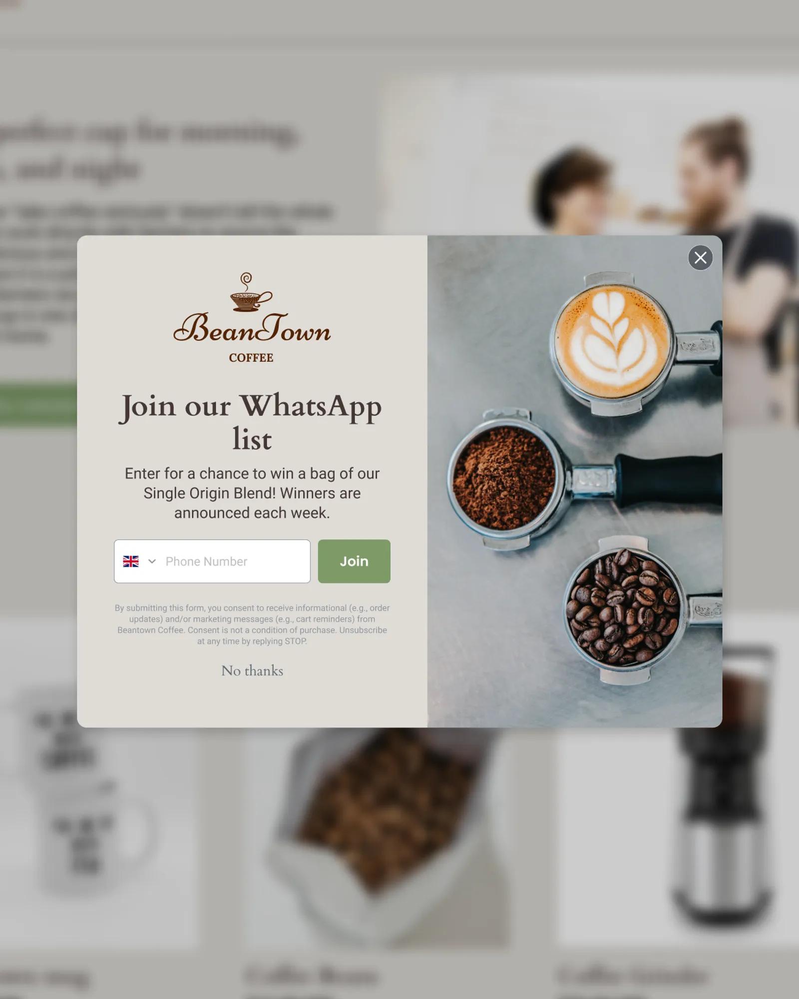 A sign-up form on Beantown Coffee's website collecting WhatsApp consent