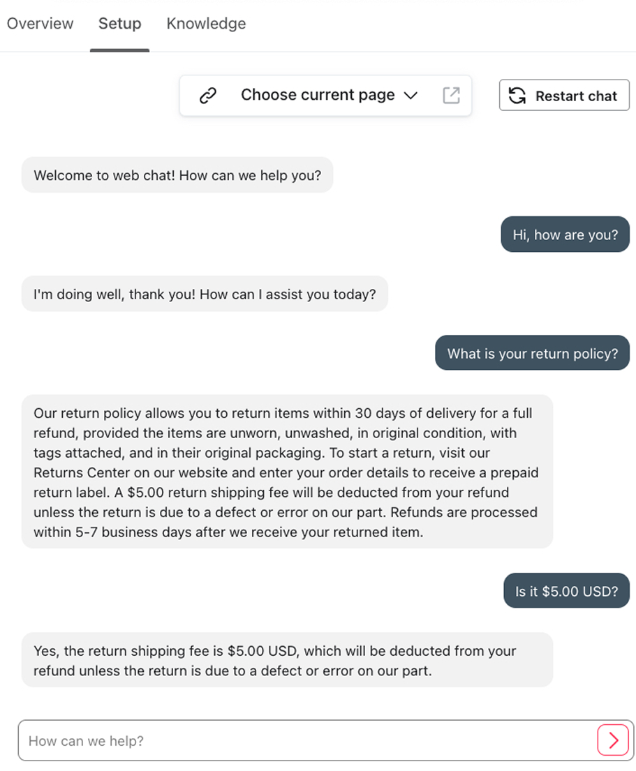 Customer Agent conversation with a customer asking about the brand's return policy.