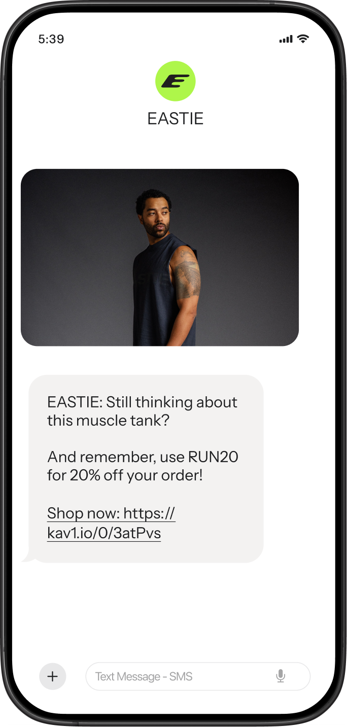 Text message from Eastie reminding Eric of a recently viewed product, plus his loyalty points.