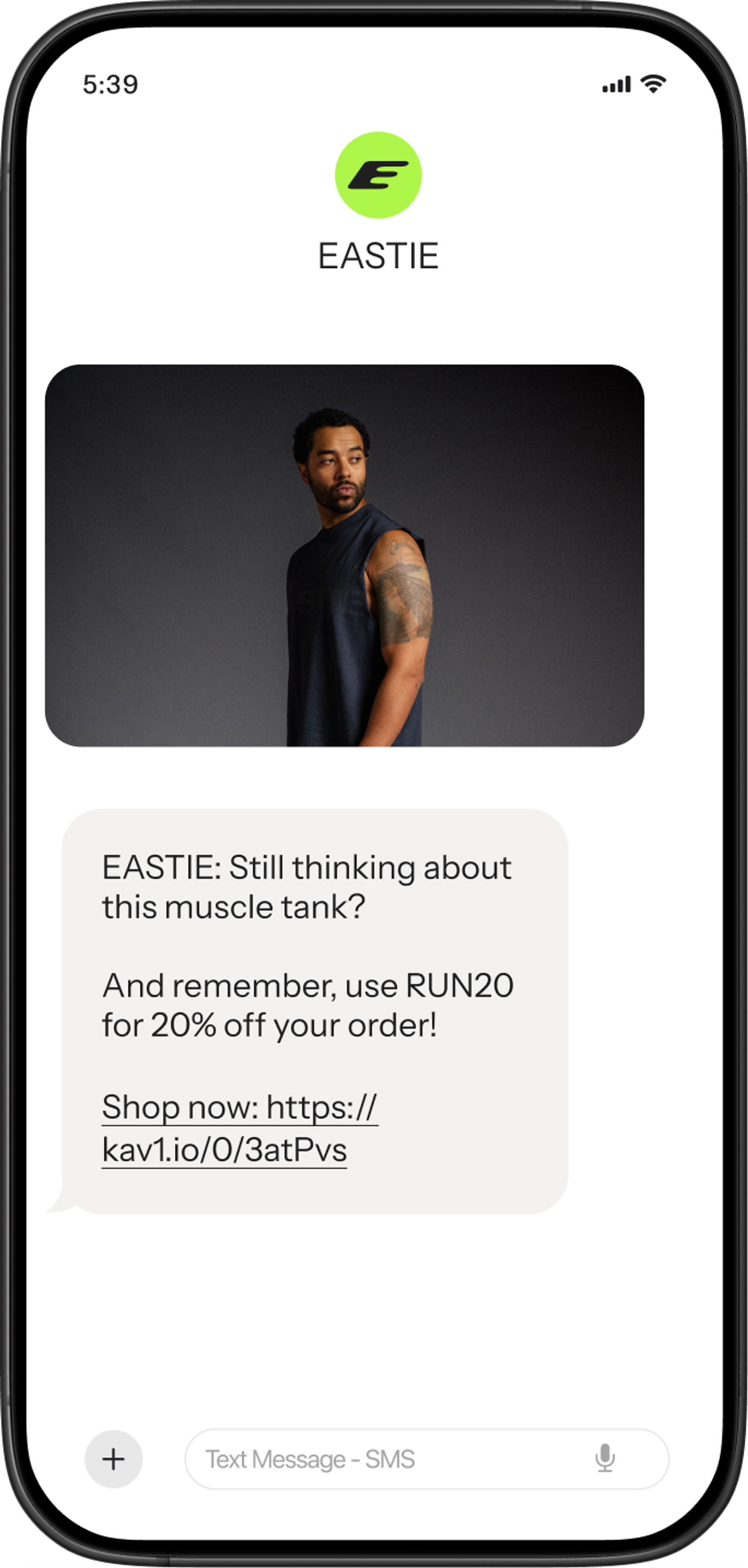 Text message from Eastie reminding Eric of a recently viewed product, plus his loyalty points.