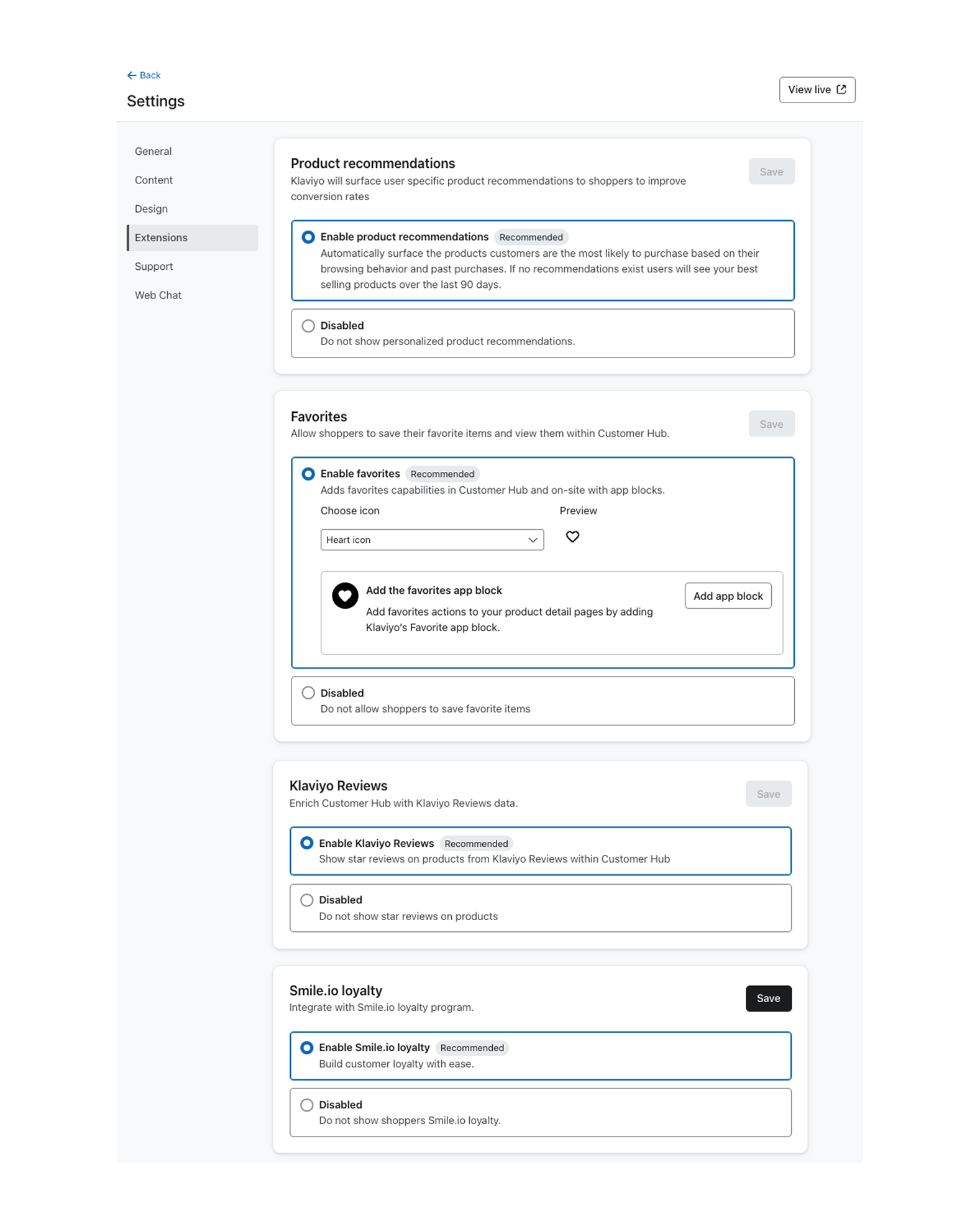 The Extensions settings in Customer Hub.