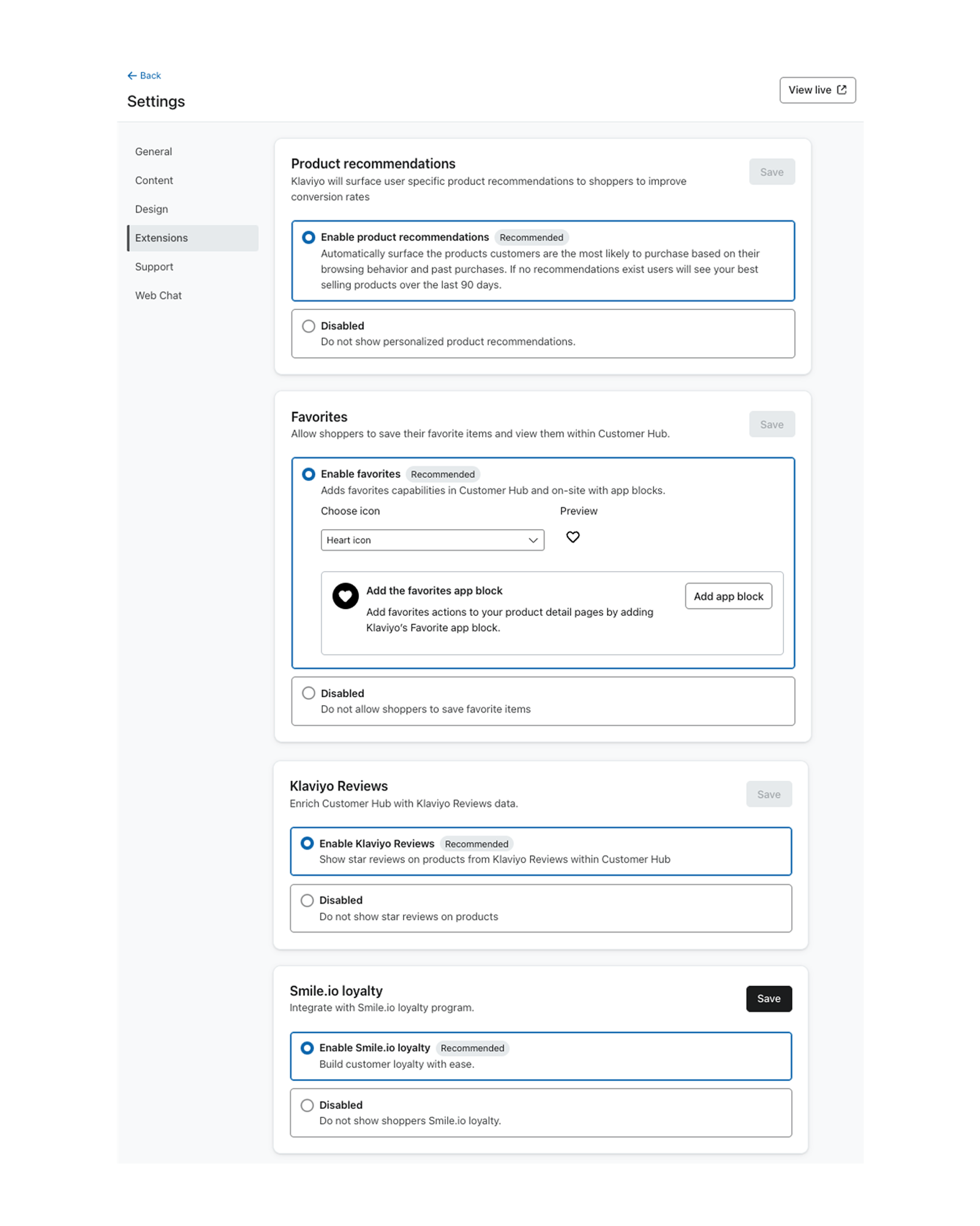 The Extensions settings in Customer Hub.